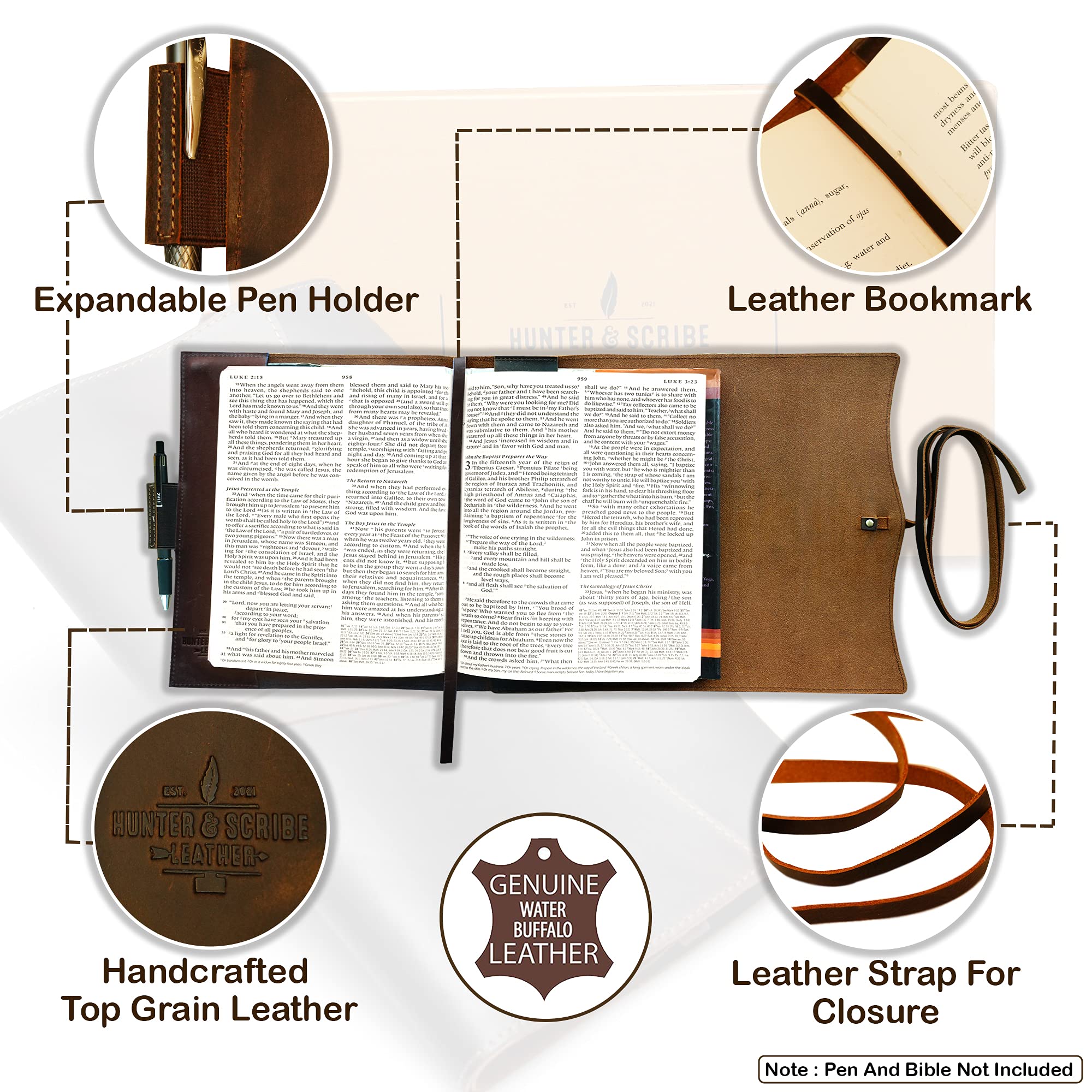 Handcrafted Genuine Top Grain Buffalo Leather Bible & Book Cover for Men and Women - Premium Christian Gift - Medium Size for Bible or Notebook - Perfect for Church, Study & Daily Use