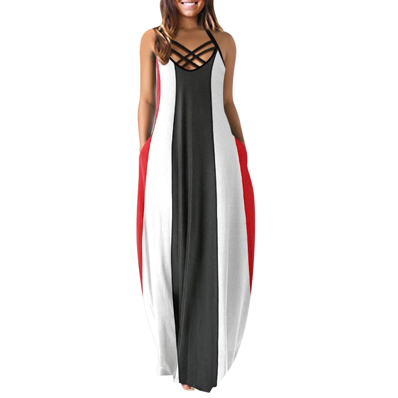 Women's Summer Maxi Dress - Sleeveless Beach Dress with Spaghetti Straps & Criss Cross Neckline, Pockets - Perfect for Vacation, Pool Party & Casual Outings