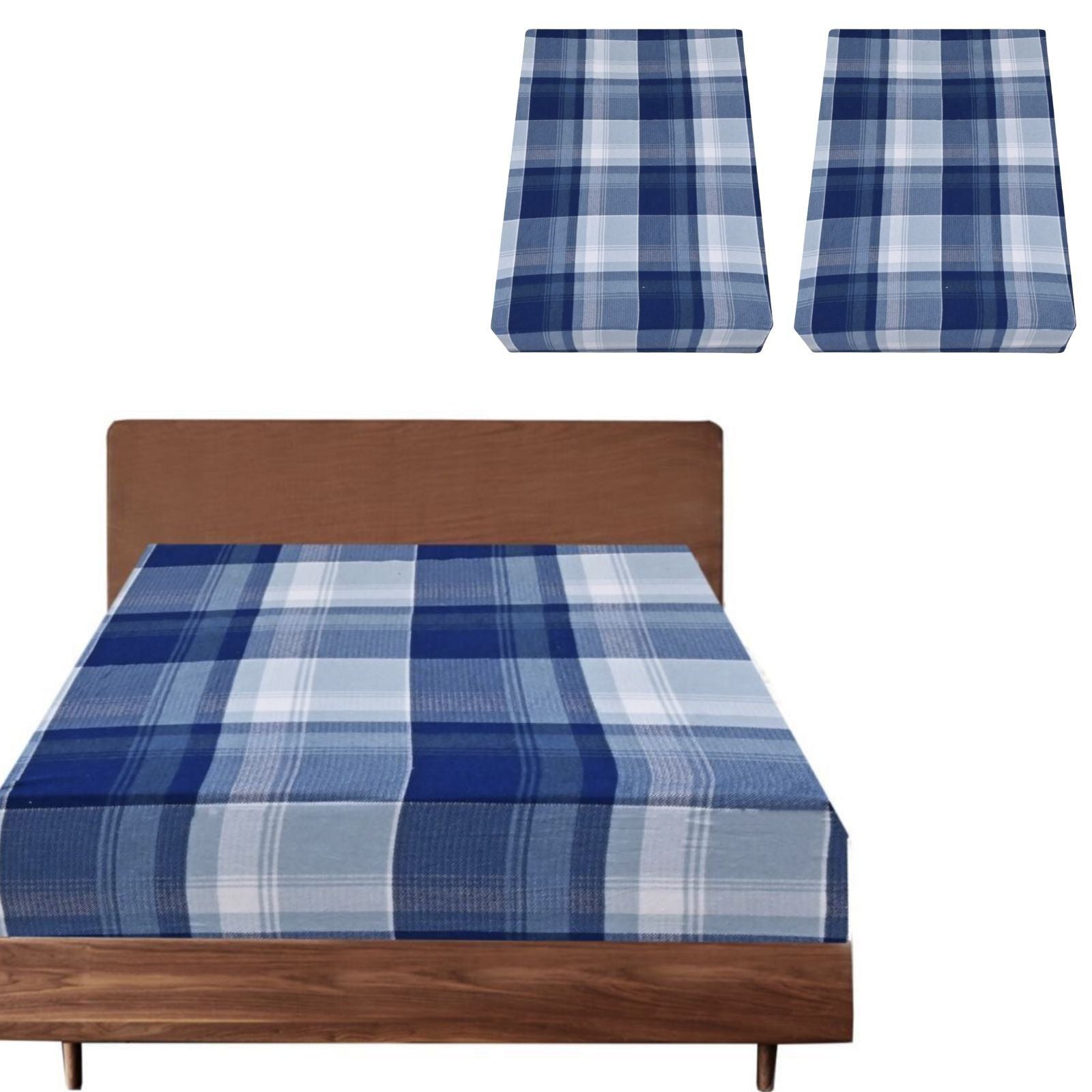 2-Pack Queen Size Luxury 100% Cotton Flannel Fitted Sheet Set - Soft Blue Checkered Pattern for Cozy Winter Nights & Bedroom Decor