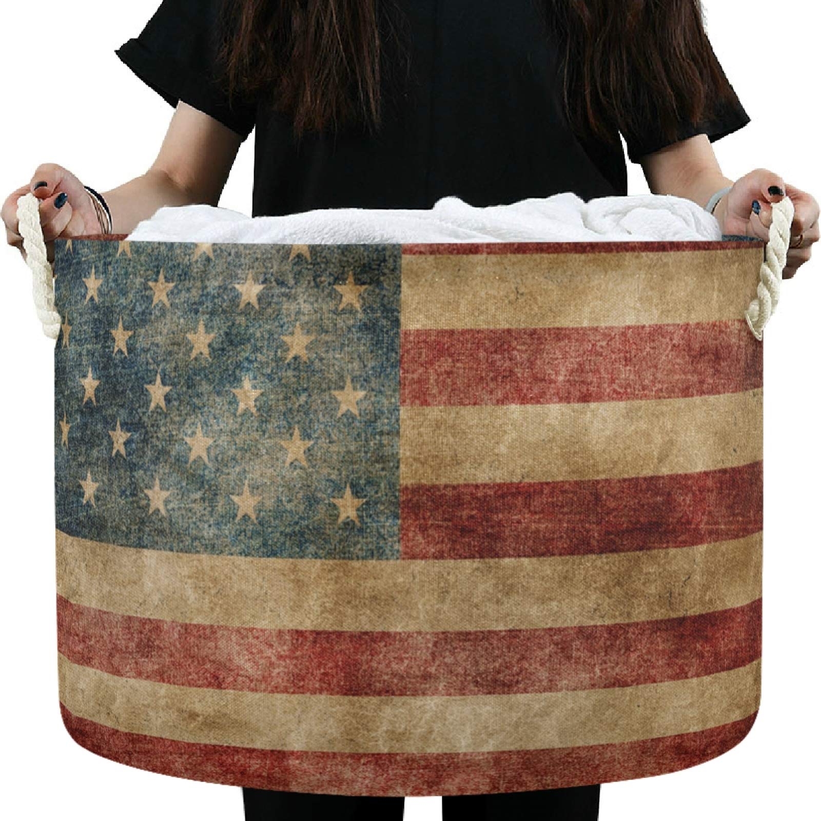 Visesunny Retro American Flag Storage Basket - Canvas Fabric Toy Organizer Bin, Nursery Hamper & Laundry Basket for Kids Room, Playroom, Shelves - Perfect for Toy Storage, Clothes Organization & Home Decor