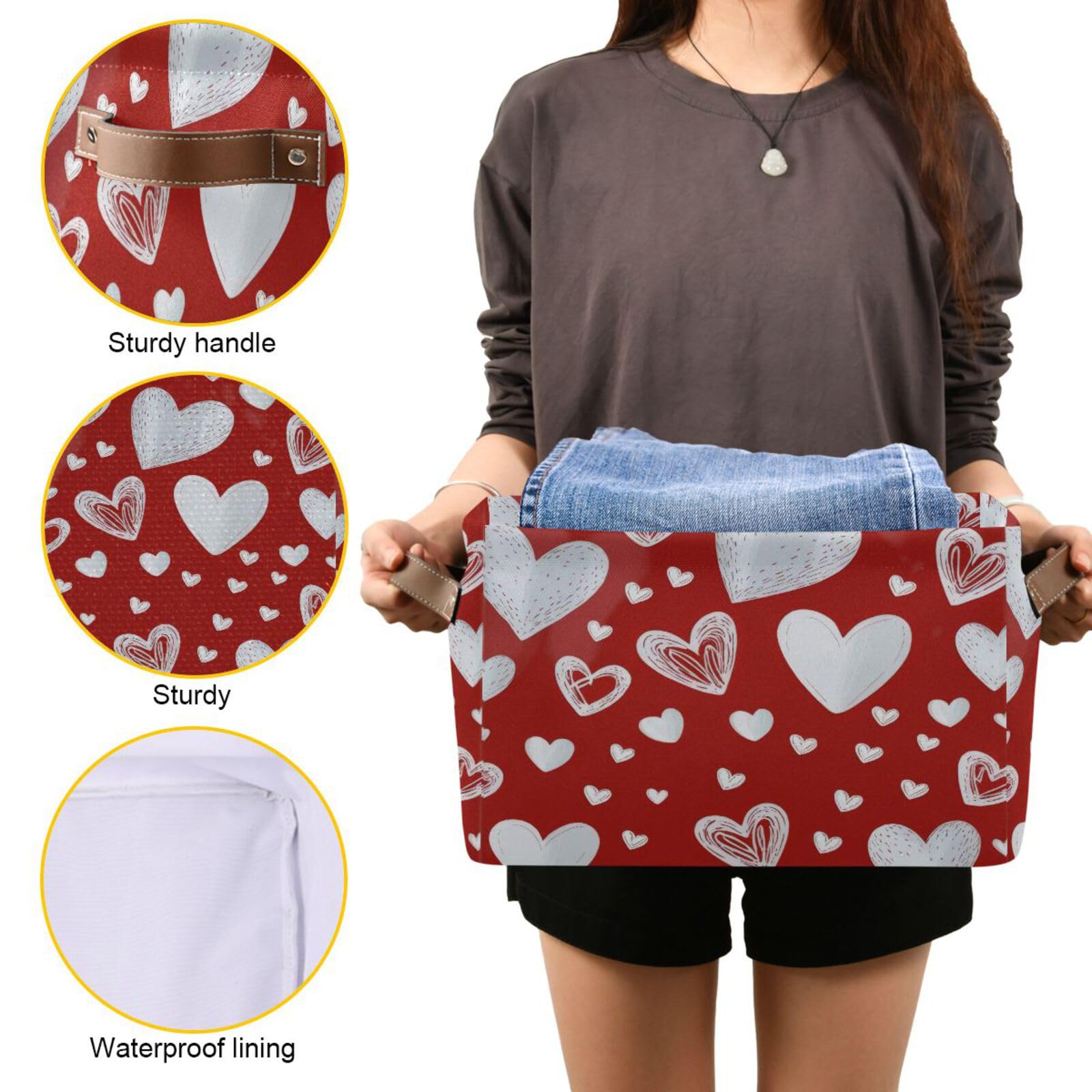 2PCS Red Heart Valentine's Day Fabric Storage Bins with Handles - Closet Organizer Baskets for Clothes, Toys & Home Decor | Perfect for Bedroom, Nursery & Gift Giving