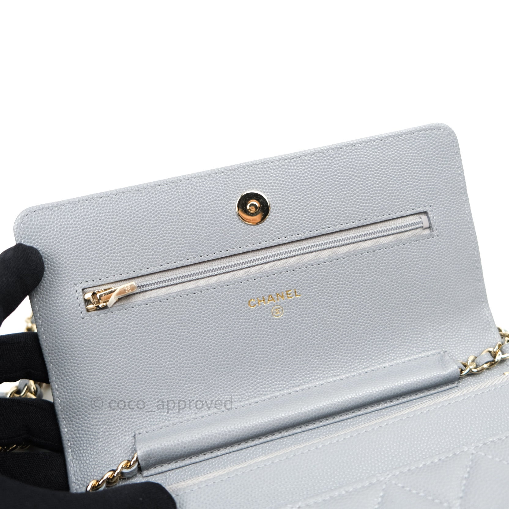 Chanel Caviar Quilted Wallet on Chain WOC - Light Grey with Gold Hardware | Luxury Crossbody Bag for Women | Perfect for Evening Events & Daily Use