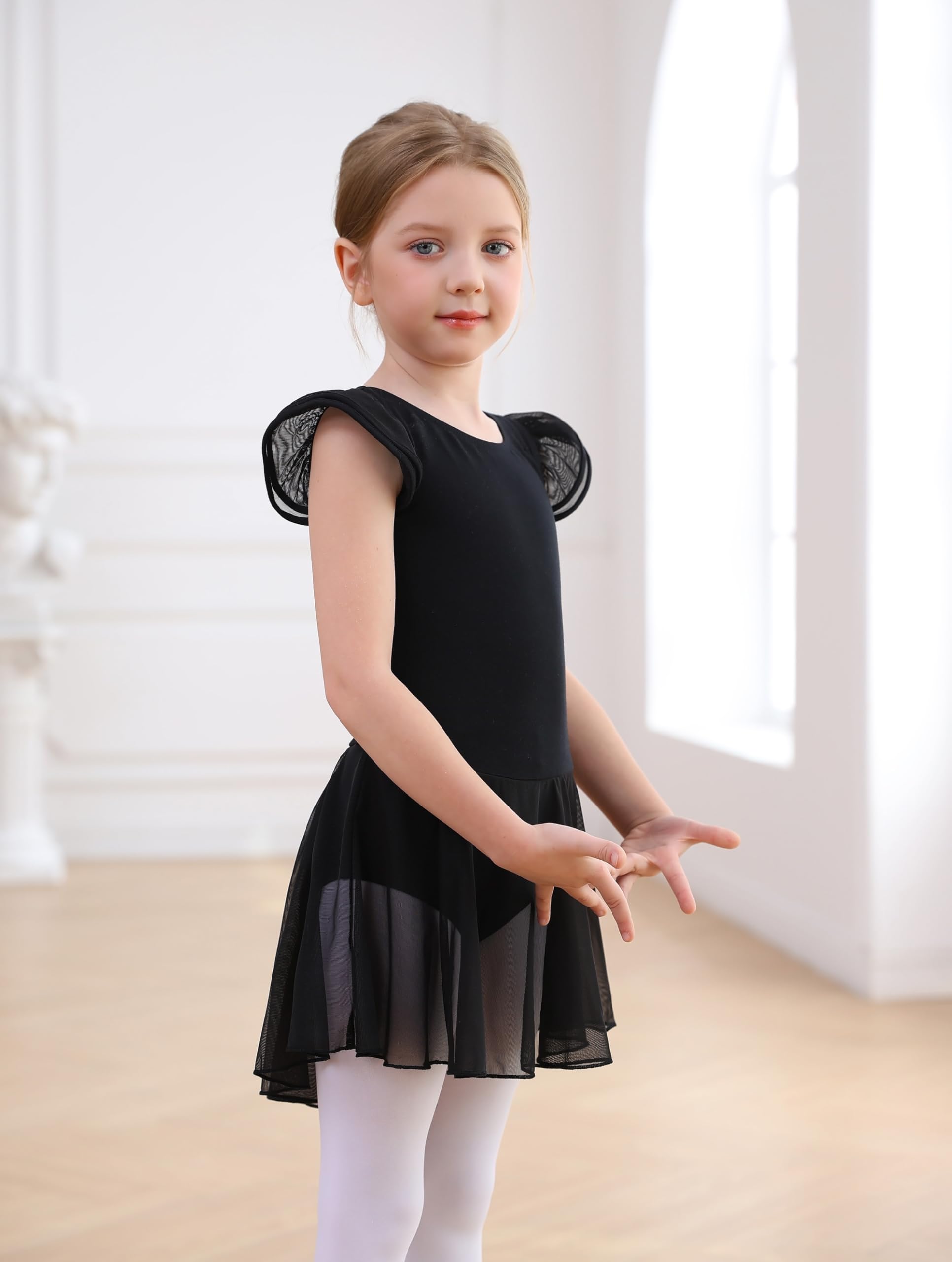Toddler Girls Ballet Leotard with Swallowtail Tutu Skirt & Flutter Sleeves - MDNMD Dance Dress for Toddler Ballet Classes, Recitals, and Performances