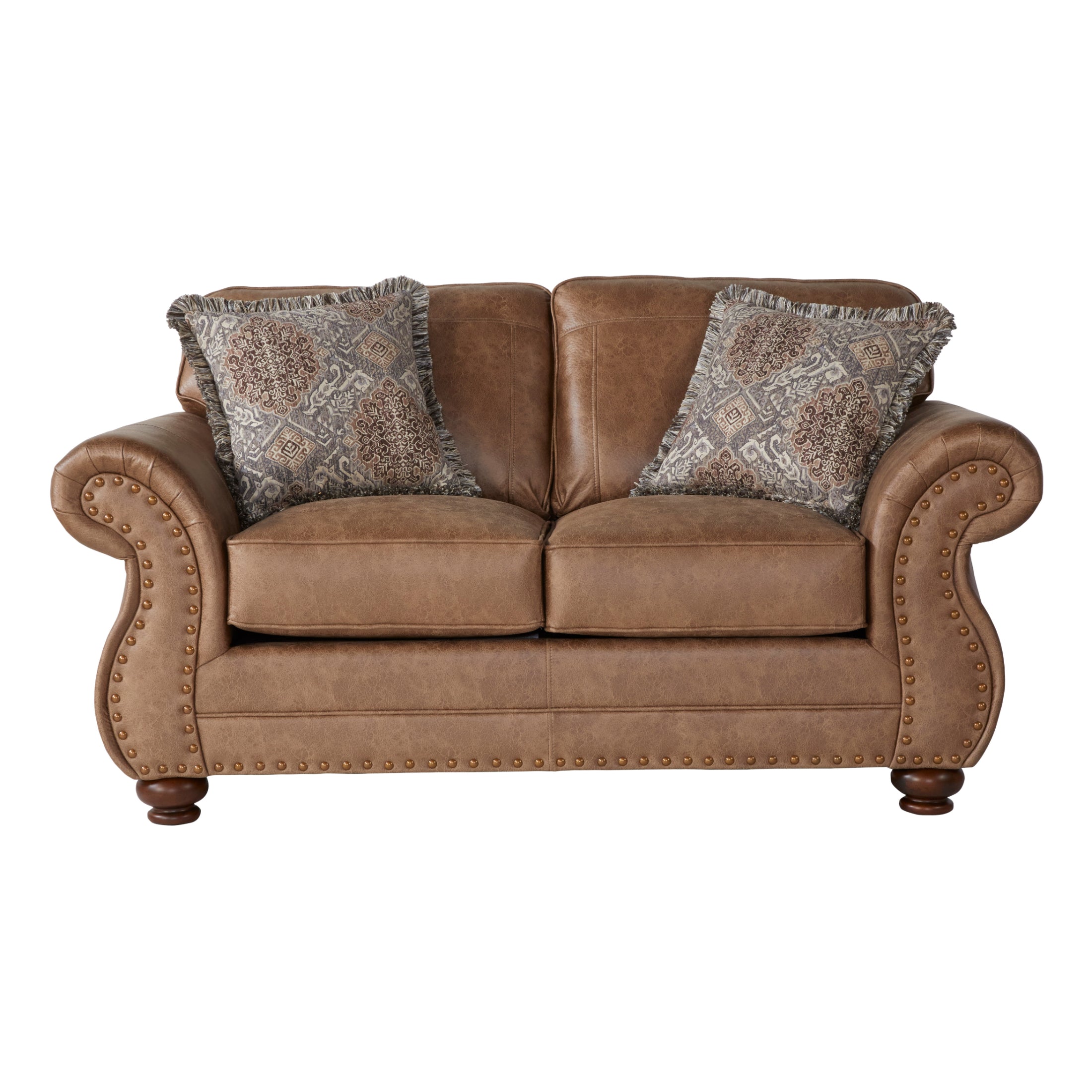 Leinster Faux Leather Loveseat Sofa with Antique Bronze Nailheads - Jetson Ginger Color - Modern Small Couch for Living Room, Office, or Apartment Decor