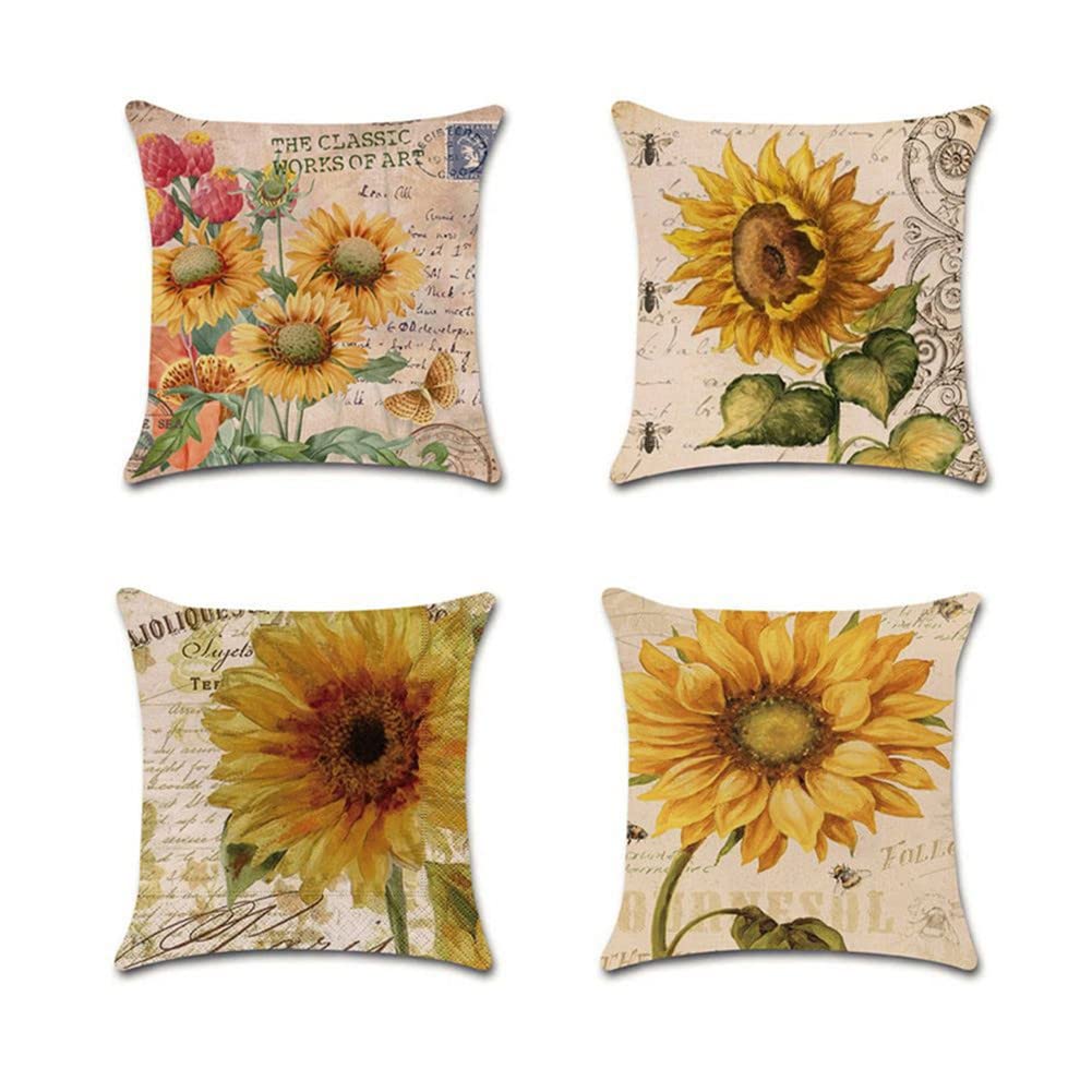 4 Pack Sunflower Square Throw Pillow Covers - 80x80cm Cotton Linen Decorative Cushion Covers with Hidden Zipper for Sofa, Couch, Bedroom & Car Decor