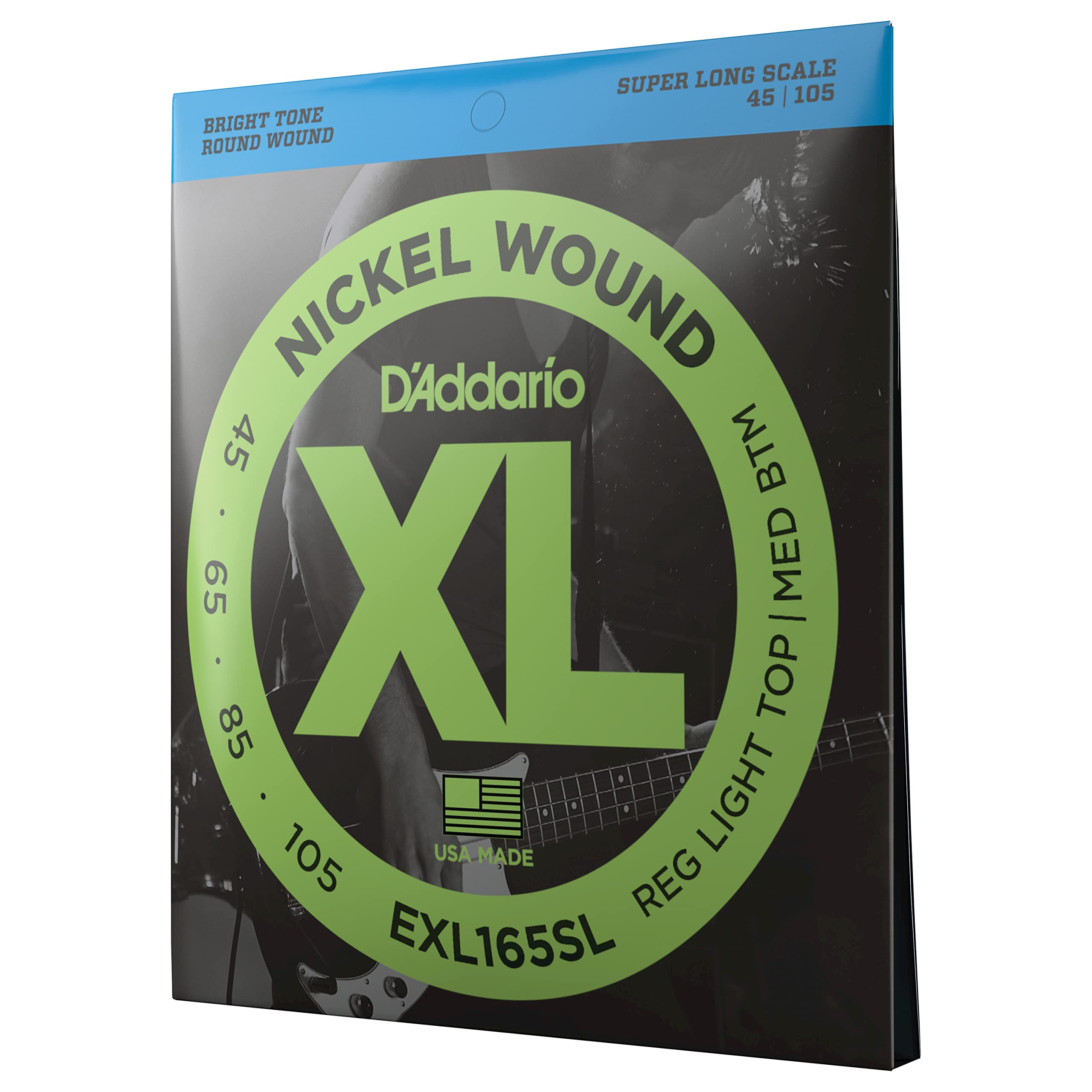 D'Addario EXL165SL XL Nickel Bass Guitar Strings - 45-105 Regular Light Top/Medium Bottom for 4 String Bass - Super Long Scale - Enhanced Intonation, Feel & Durability - Perfect for Live Performances, Studio Recording & Practice Sessions