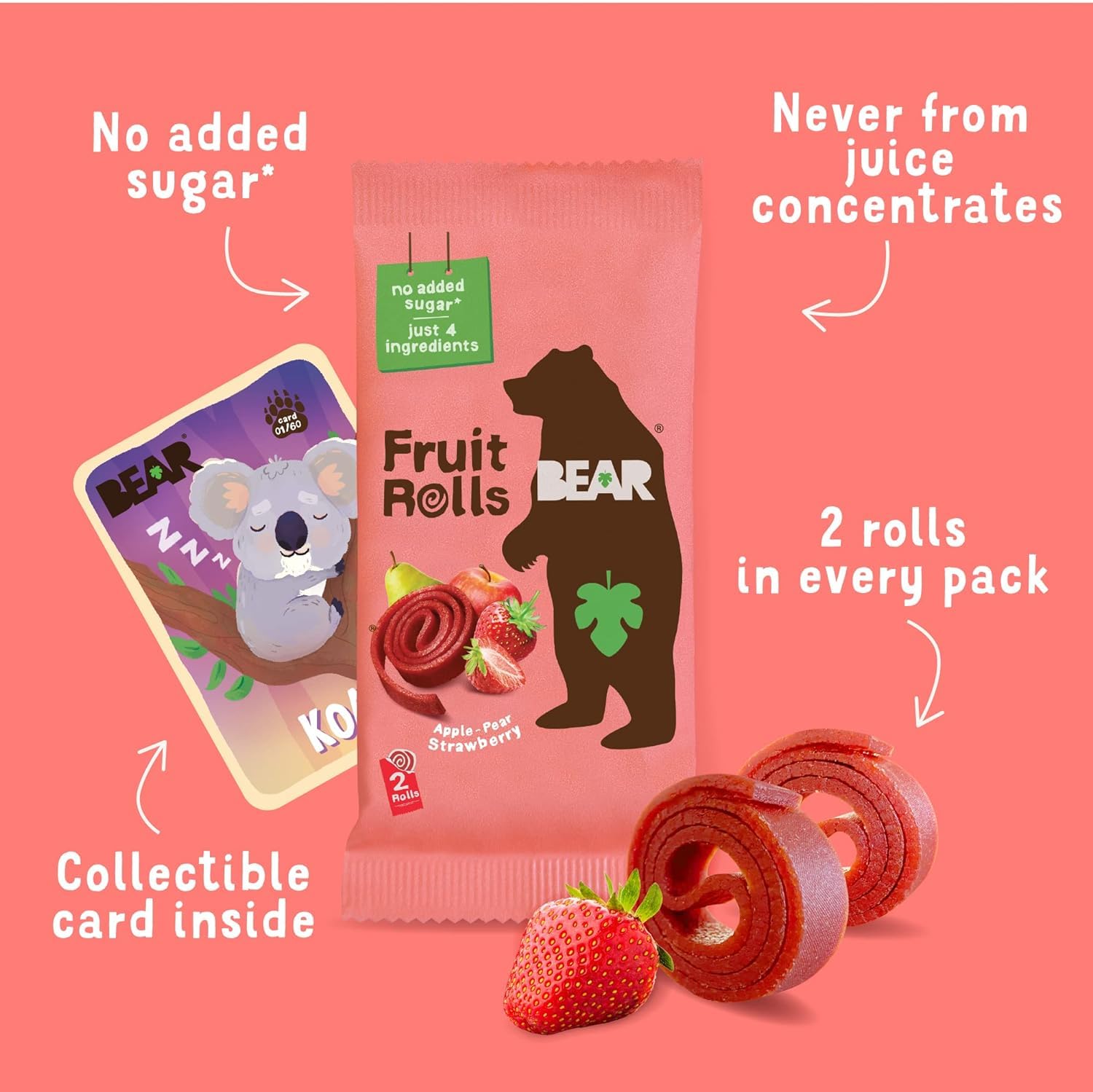 BEAR Real Fruit Snack Rolls - Gluten Free, Vegan, Non-GMO Strawberry Snacks - Healthy School & Lunch Snacks for Kids & Adults - 0.7oz (18 Pack) - Perfect for On-the-Go, Travel & After-School Treats