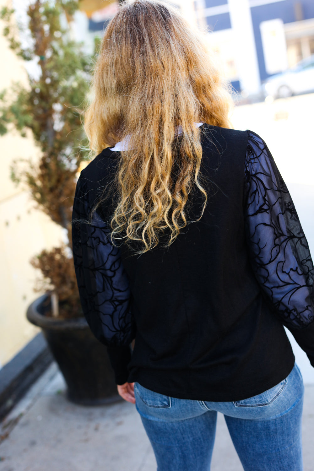 Black Floral Mesh Bubble Sleeve Top for Women - Elegant Blouse for Party, Date Night & Special Occasions