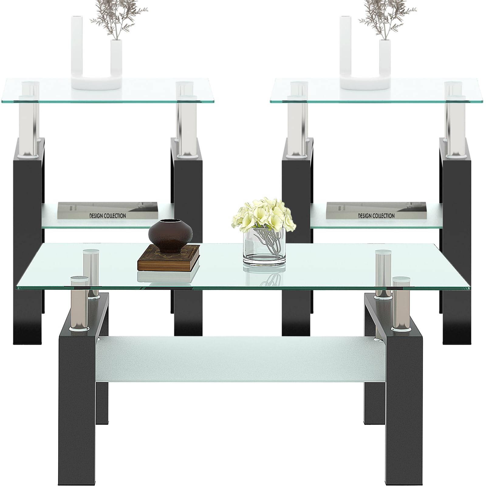 3-Piece Glass Coffee Table Set - Modern Black Living Room Table with Metal Frame (Black) - Perfect for Small Spaces, Apartments & Cozy Home Decor