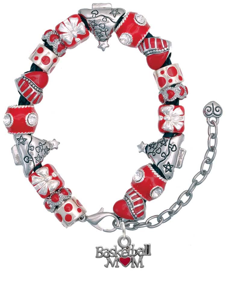 Delight Jewelry Silvertone Basketball Mom Bracelet with Red Heart Charm - Adjustable 7