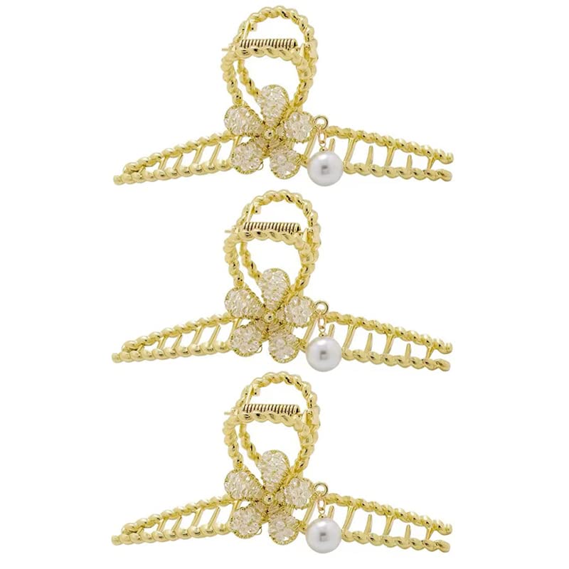Elegant Crystal Flower Hair Clips for Women - Gold Metal Claw Hairpins for Thick Hair | Non-Slip Pearl Hair Accessories for Women & Girls | Perfect for Weddings, Parties & Everyday Styling