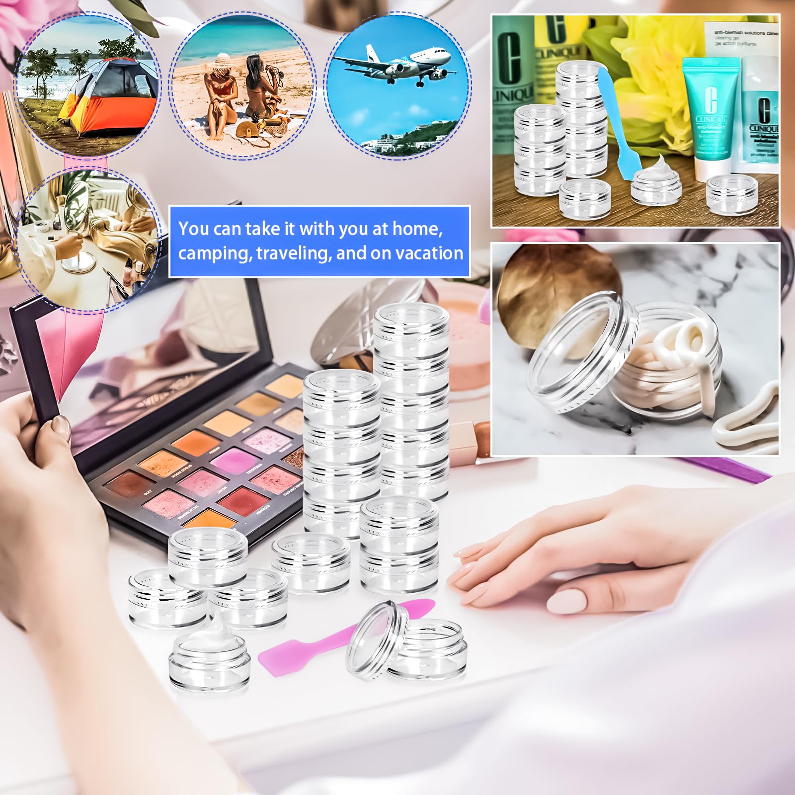 MotBach 100 Pcs 5g Empty Plastic Containers with Clear Lids - Mini Makeup Sample Jars, Small Round Cosmetic Containers with Mini Spatulas for Liquid, Powder, Cream & Lotion Samples - Perfect for Travel, DIY Beauty & Sample Storage