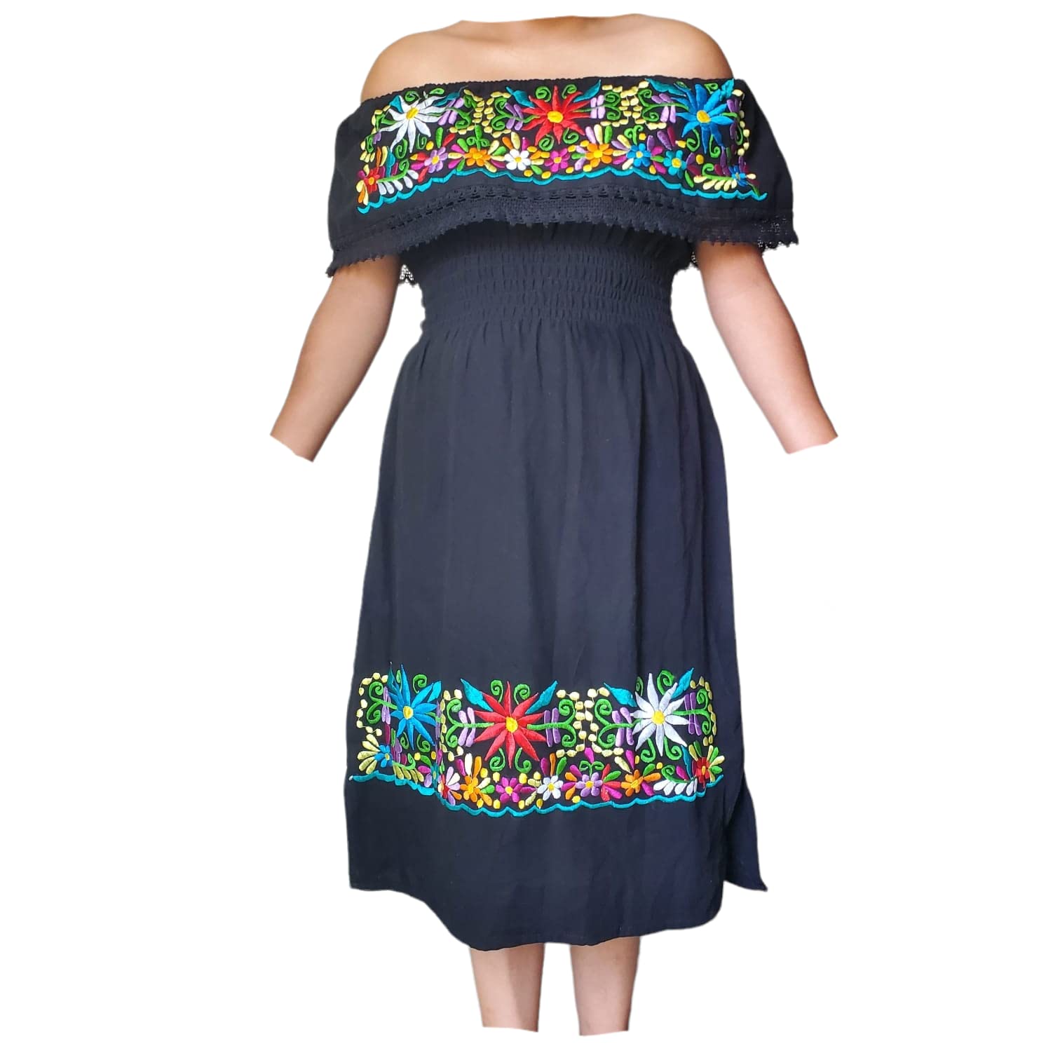 Mexican Embroidered Off-Shoulder Dress for Women - Knee-Length Black Campesina Dress | Day of the Dead Celebration, Fiesta Party, Cinco de Mayo Outfit (Size M)