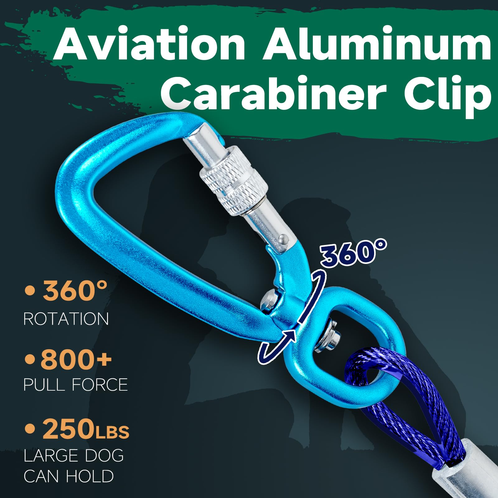 Heavy Duty 10ft & 50ft Dog Run Cable - Aerial Dog Trolley System for Large Dogs up to 250lbs | Outdoor Pet Tie Out for Backyard, Camping & Travel | Durable Zinc Coated Steel with Swivel Hook (Blue) | Perfect for Active Dogs, Secure Outdoor Play & Training Sessions