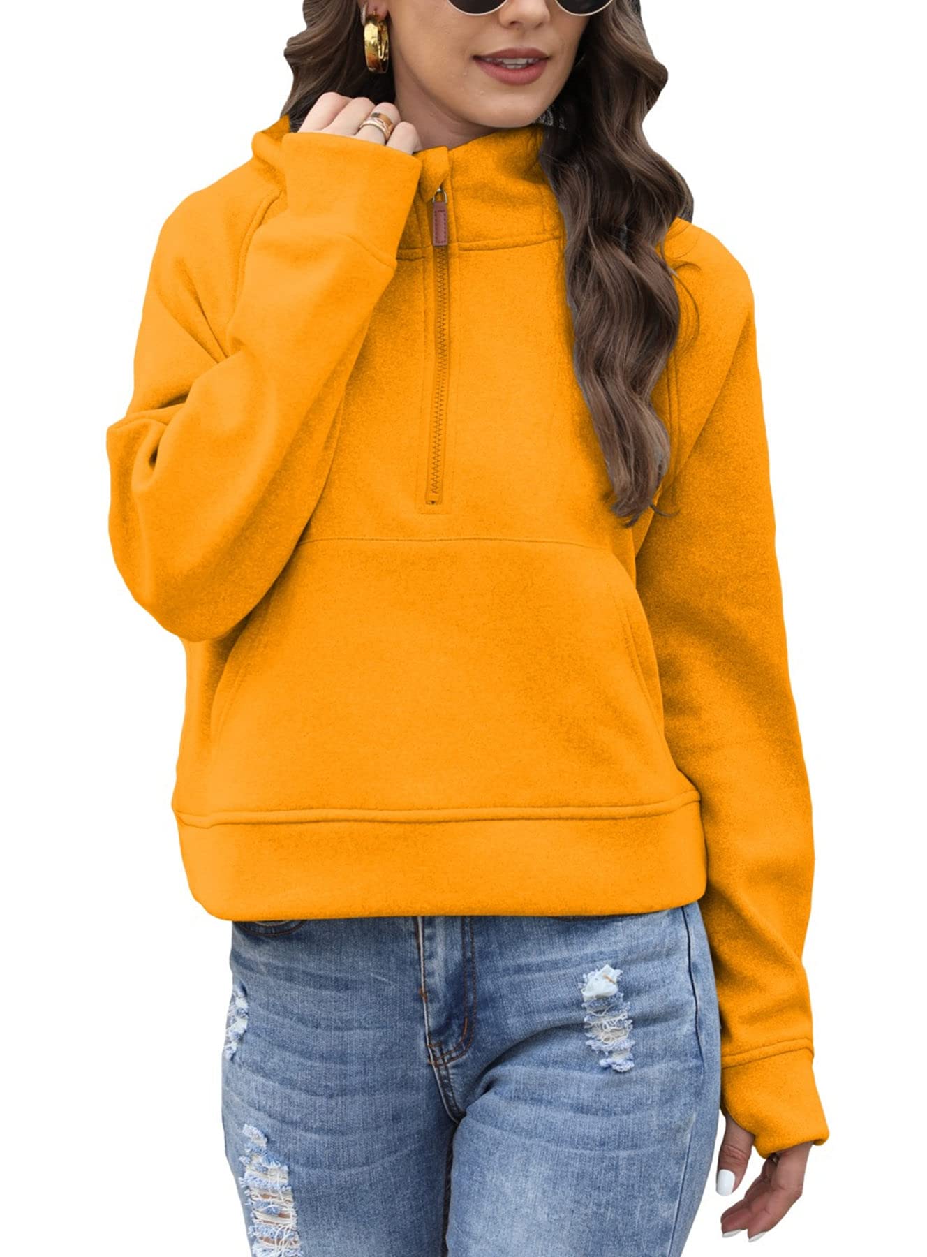 Women's Fleece Lined Cropped Hoodie - 1/2 Zip Pullover Sweatshirt with Long Sleeves | Casual Winter Wear for Gym, Running & Outdoor Activities