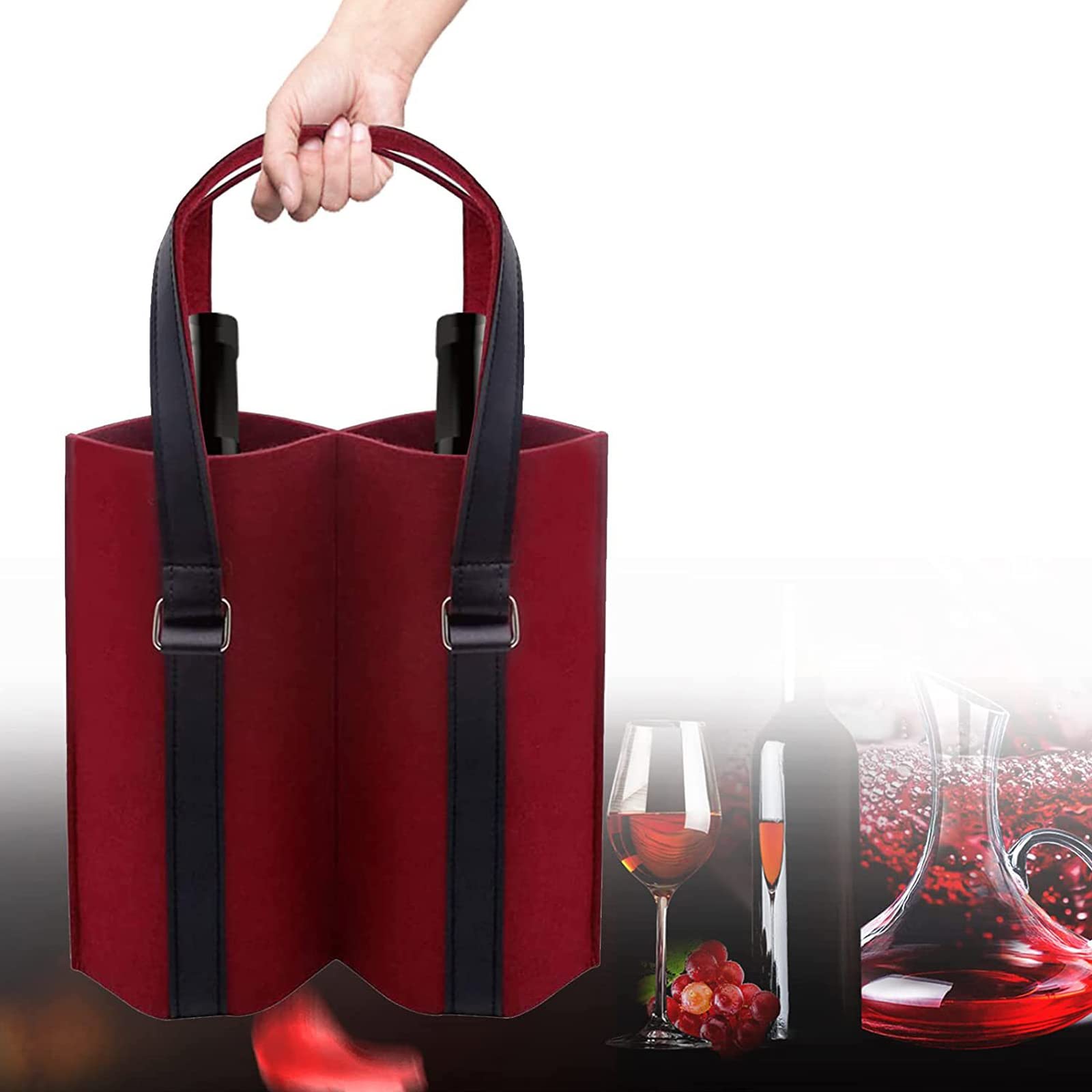 Khakho 2 Bottle Wine Tote Carrier - Insulated Felt Wine Bag with Sturdy Handle for Wine Tasting, Parties & Gifts | Perfect for Picnics, Weddings & Holiday Presents | Great Gift for Wine Lovers