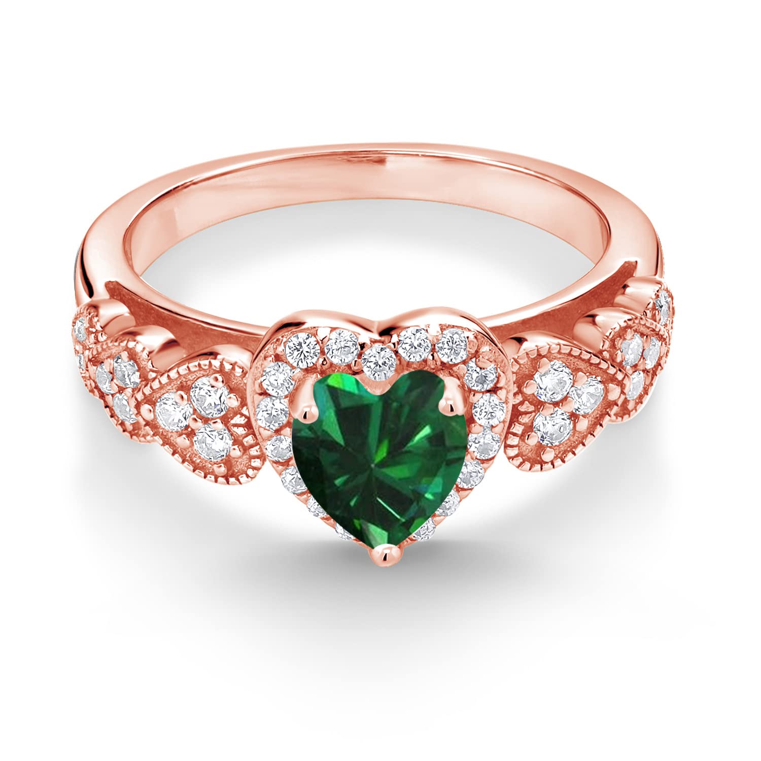 18K Rose Gold Plated Silver Heart Shaped Ring with Nano Emerald & Moissanite (0.88 CTTW) - Perfect for Valentine's Day Gifts, Anniversary Presents & Romantic Occasions