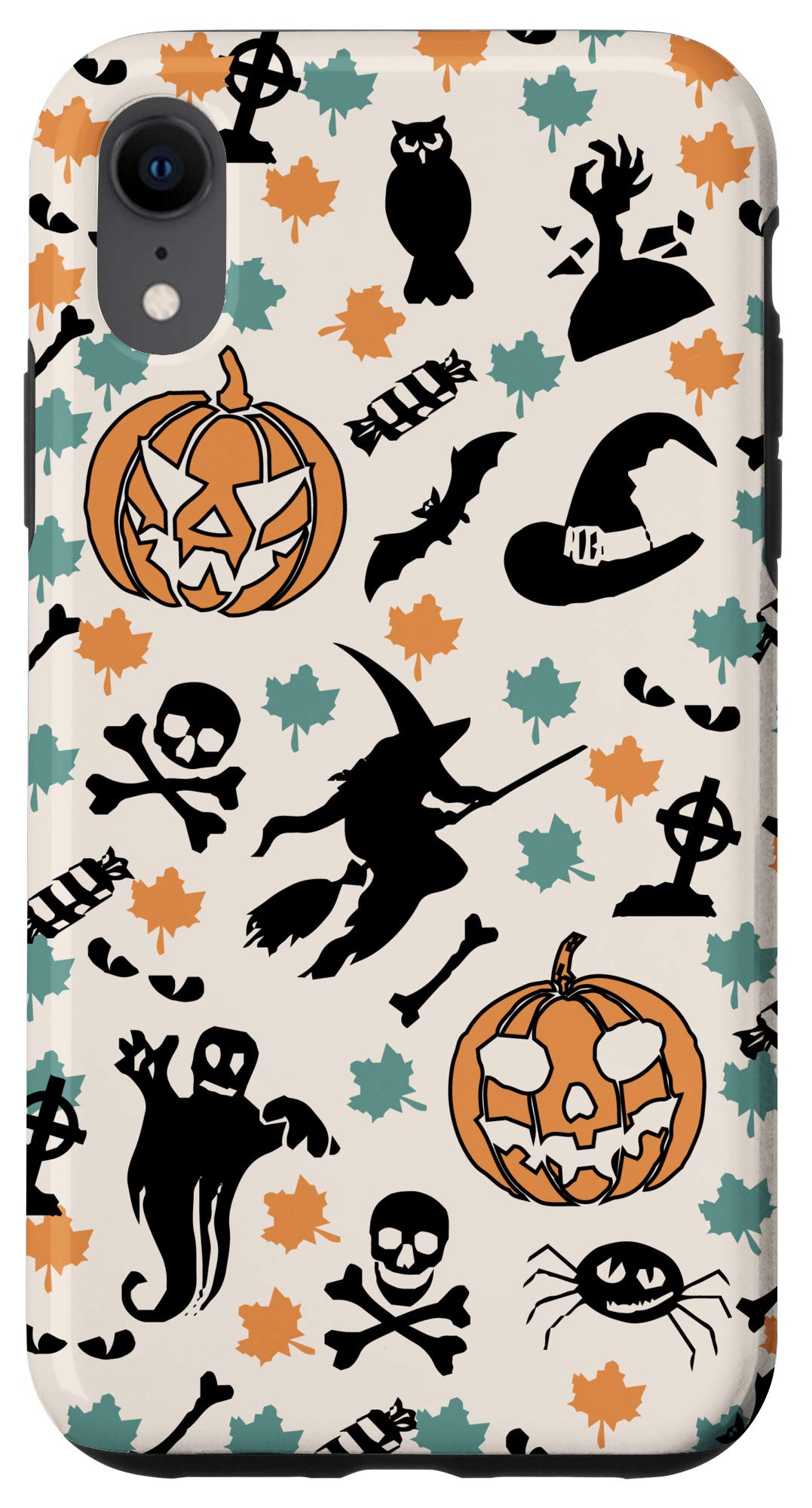 Vintage Halloween iPhone XR Case - Pumpkin Ghost Witch Skull Design, Shockproof Protective Phone Cover for Fall & Halloween Parties, Trick or Treat, Spooky Decorations