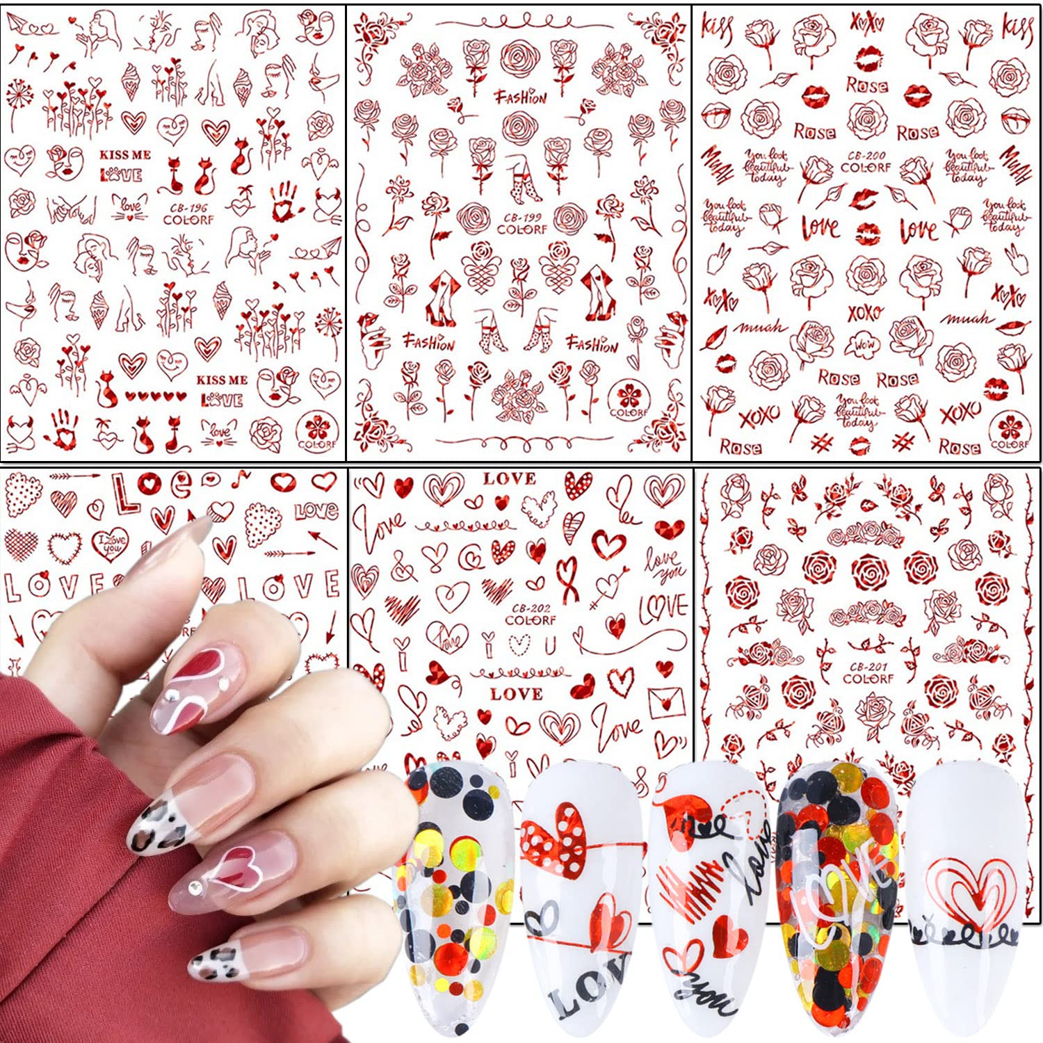 3D Rose Flower Nail Art Stickers - Self-Adhesive Floral Nail Decals with Red Roses, Hearts & Lips Design for Women & Girls | Perfect for Valentine's Day, Weddings, Parties & Manicure Decorations