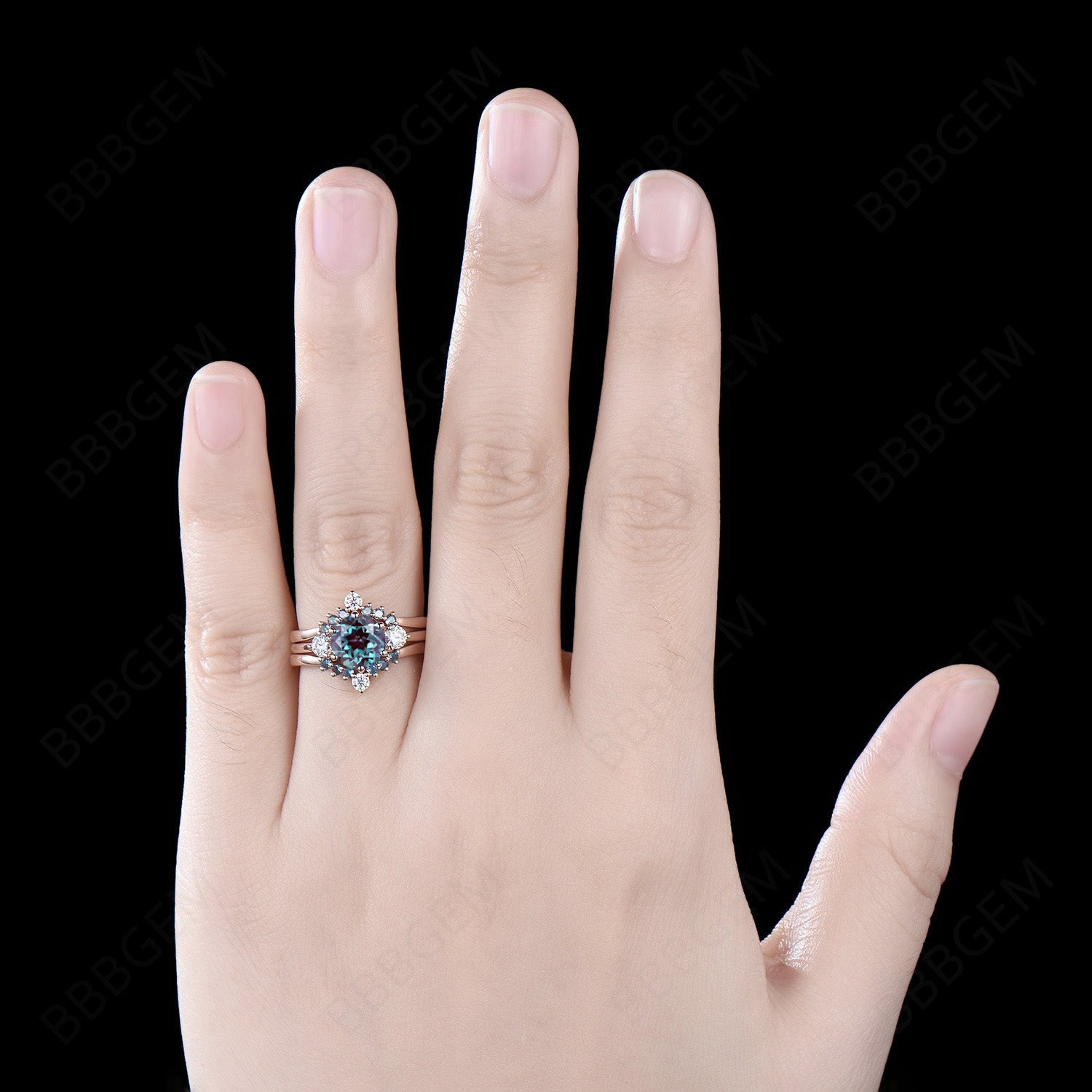 3pcs 14K Gold Alexandrite Bridal Ring Set - Round Moissanite Engagement Ring & Wedding Band with Three Stone Cluster for Women | Perfect for Proposals, Anniversaries, and Bridal Jewelry Gifts