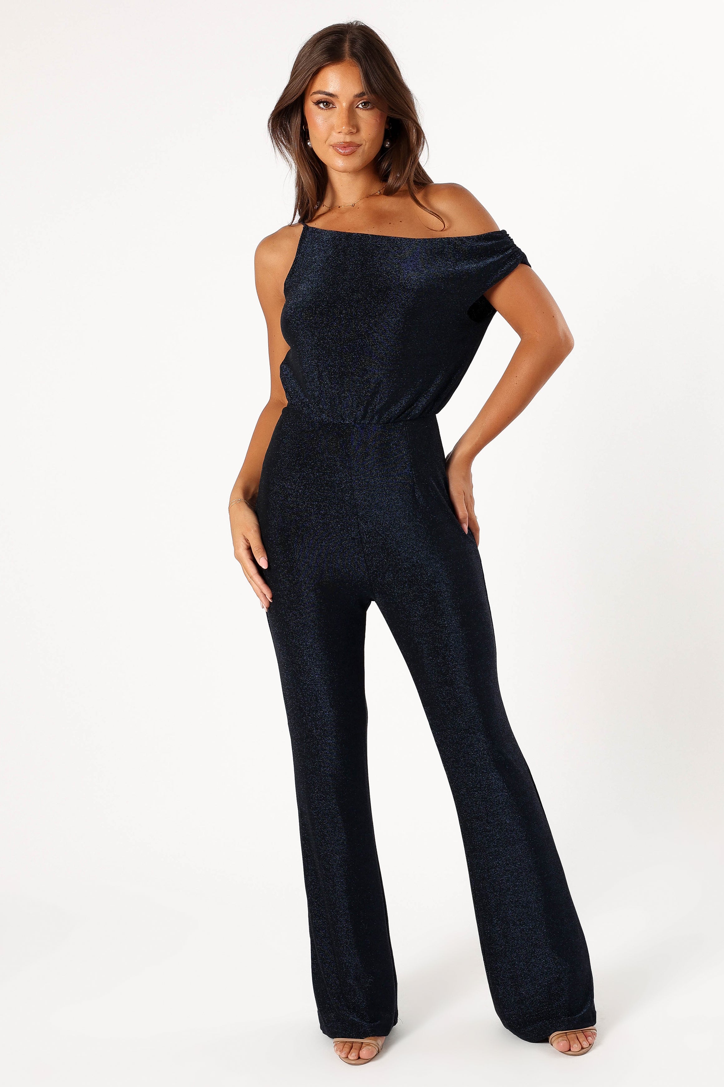 Heather One Shoulder Jumpsuit for Women - Navy Blue Romper with Elastic Waist, Perfect for Beach Vacation, Party & Night Out