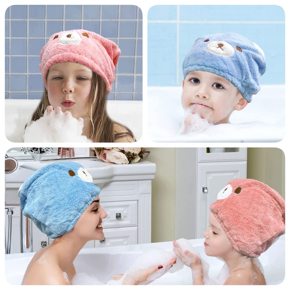 2PCS Soft & Absorbent Bear Hair Towel Wrap - Quick Dry Bath Turban Cap for Women, Girls & Kids - Perfect for Post-Shower, Spa & Home Hair Care