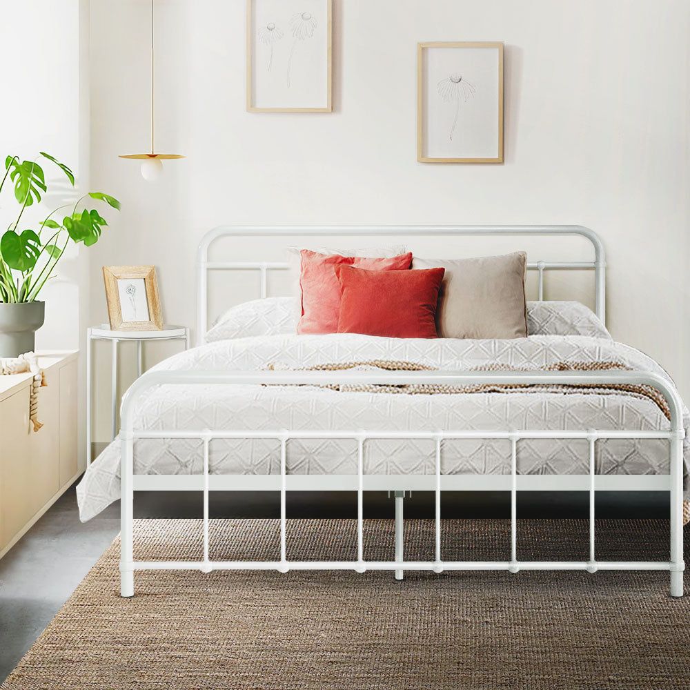 Artiss LEO Metal Bed Frame - Double Size, White - Sturdy & Modern Design for Bedroom Furniture Upgrade