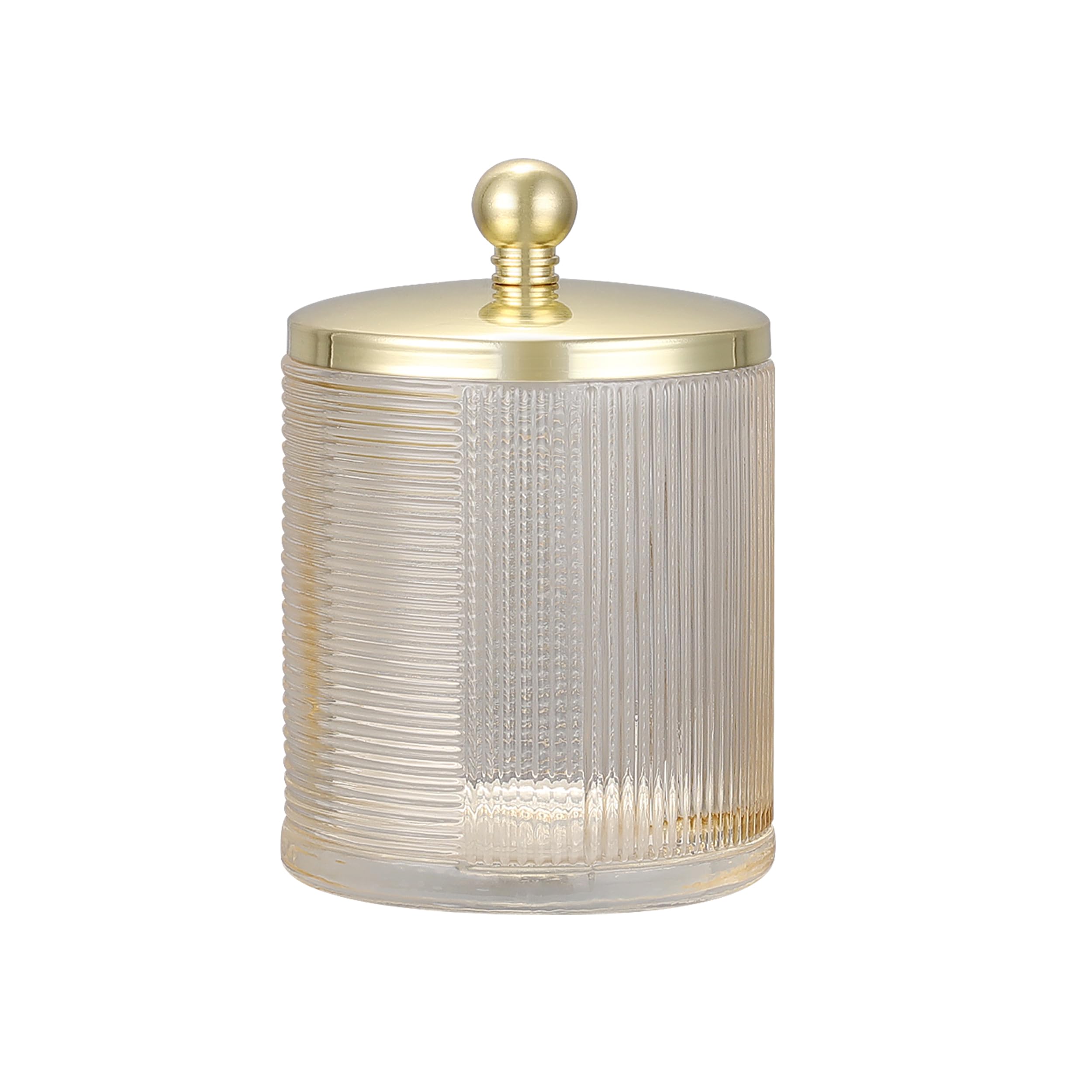 Clear Glass Apothecary Jar with Metal Lid - Stylish Bathroom Storage Container for Cotton Balls, Q-Tips & Small Accessories - Perfect for Vanity, Countertop & Spa Organization (Tan/Gold)
