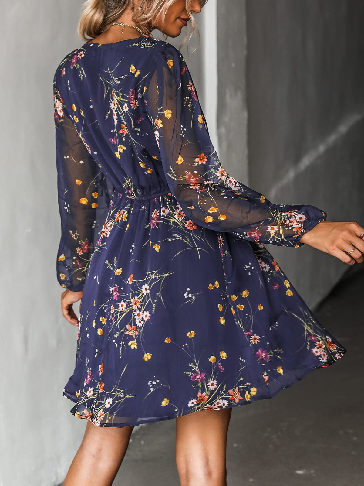 CUPSHE Women's Mini Dress Casual V-Neck Chiffon Long Sleeve Flowy Summer Dress for Beach, Vacation & Date Night