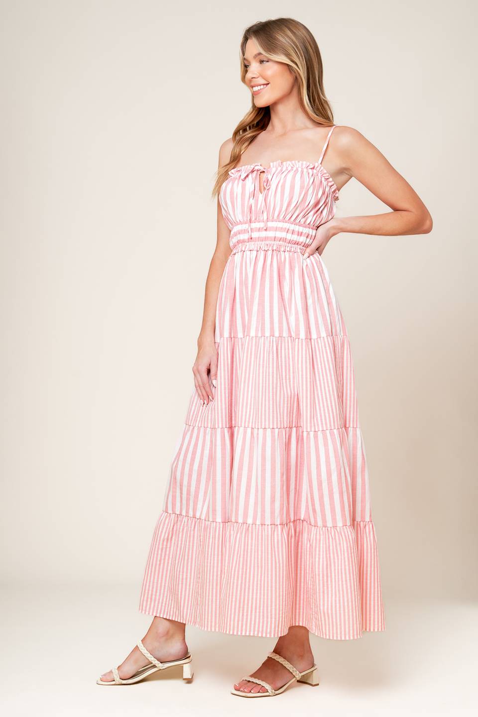 Elegant Peony Pink Striped Maxi Dress for Women - Flowy Summer Beach Dress for Vacations, Parties & Casual Outings