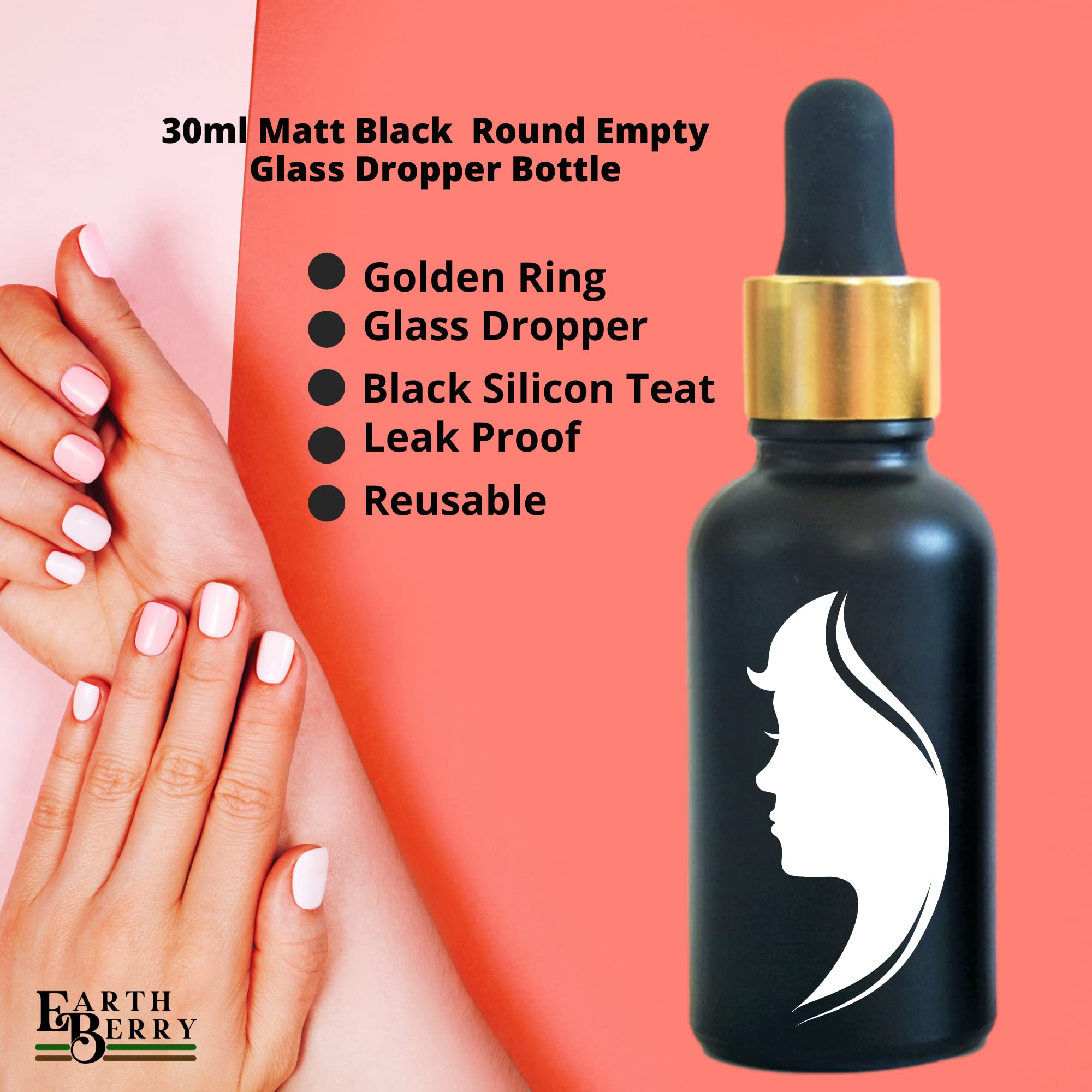 EARTH BERRY 30ml/g Black Glass Dropper Bottles with Gold Plated Finish & Black Silicone Cap - 3 Pack | Empty Essential Oil Bottles | Perfume Containers | DIY Cosmetic Storage | Perfect for Aromatherapy, Travel & Gift Packaging
