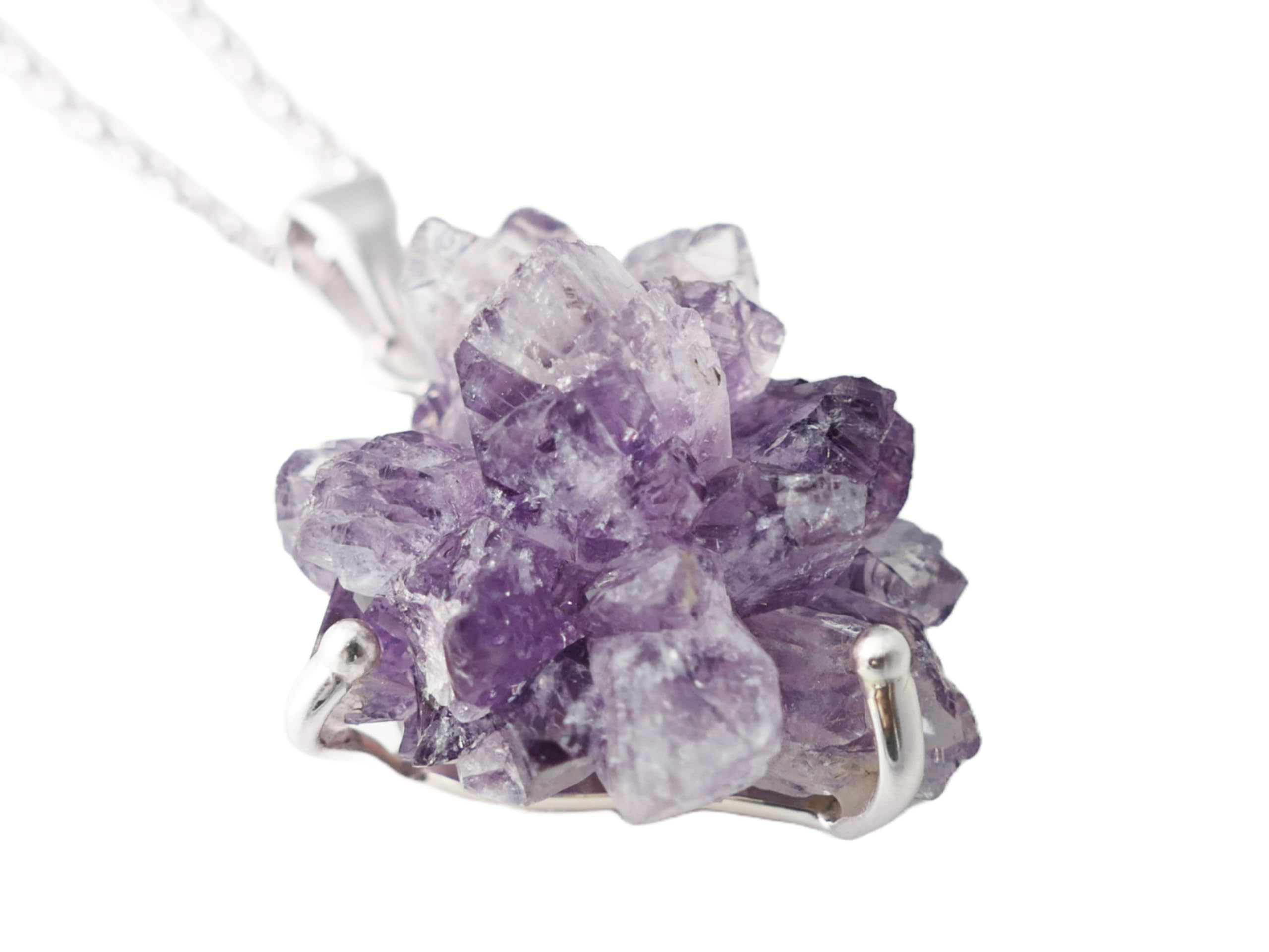 Large Amethyst Crystal Pendant Silver Necklace | Amethyst Flower Silver Jewelry | February Birthstone Gift for Women & Men | Layering Necklace for Everyday Wear & Special Occasions