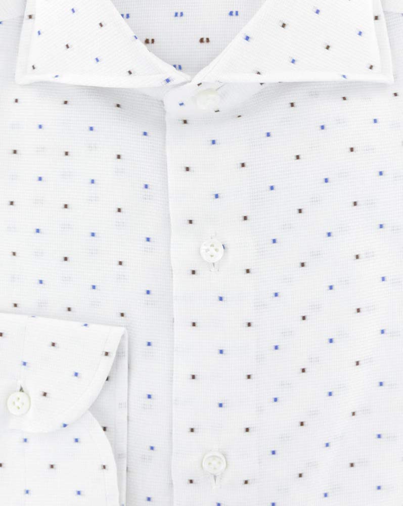 Luigi Borrelli Men's Blue Polka Dot Slim Fit Dress Shirt | Spread Collar Button Down Cotton Shirt | Size 15.5 Small | Perfect for Business Casual & Formal Occasions