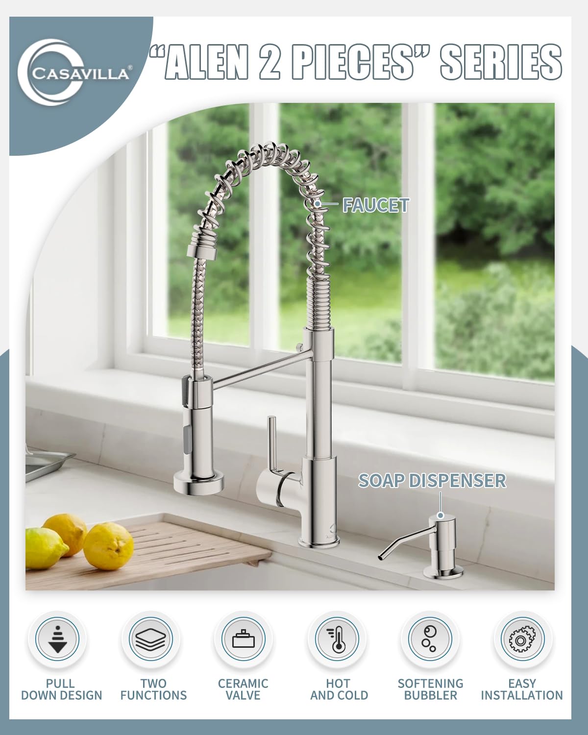 Stainless Steel Single Handle Pull Down Sprayer Kitchen Faucet with Soap Dispenser - Brushed Nickel Finish for RV, Camper, Farmhouse Sink - Ideal for Modern Kitchens & Outdoor Cooking