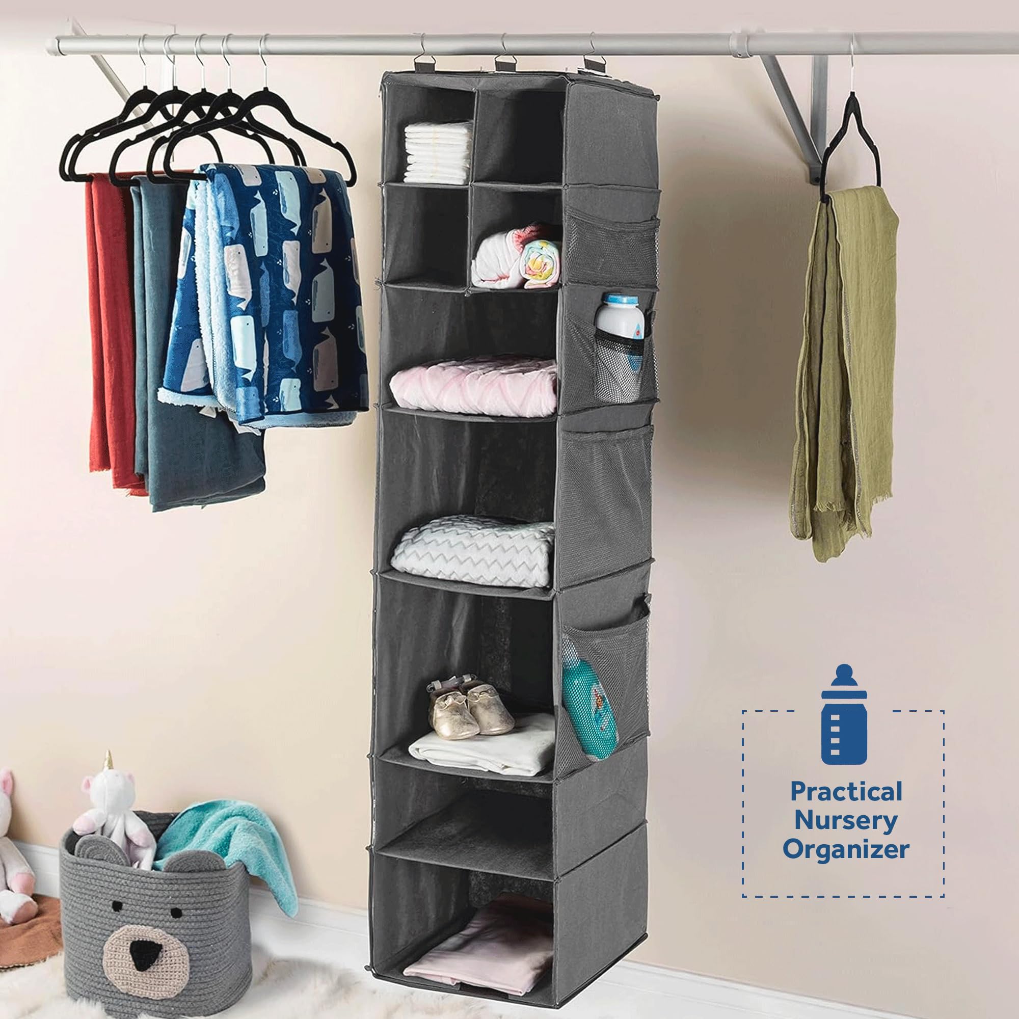 ZOBER 9-Shelf Hanging Closet Organizer - Space Saving Storage Shelves for Clothes, Towels & Toys - Perfect for College Dorm, Nursery, Bedroom & Home Organization (Easy Install, Heavy Duty Fabric)