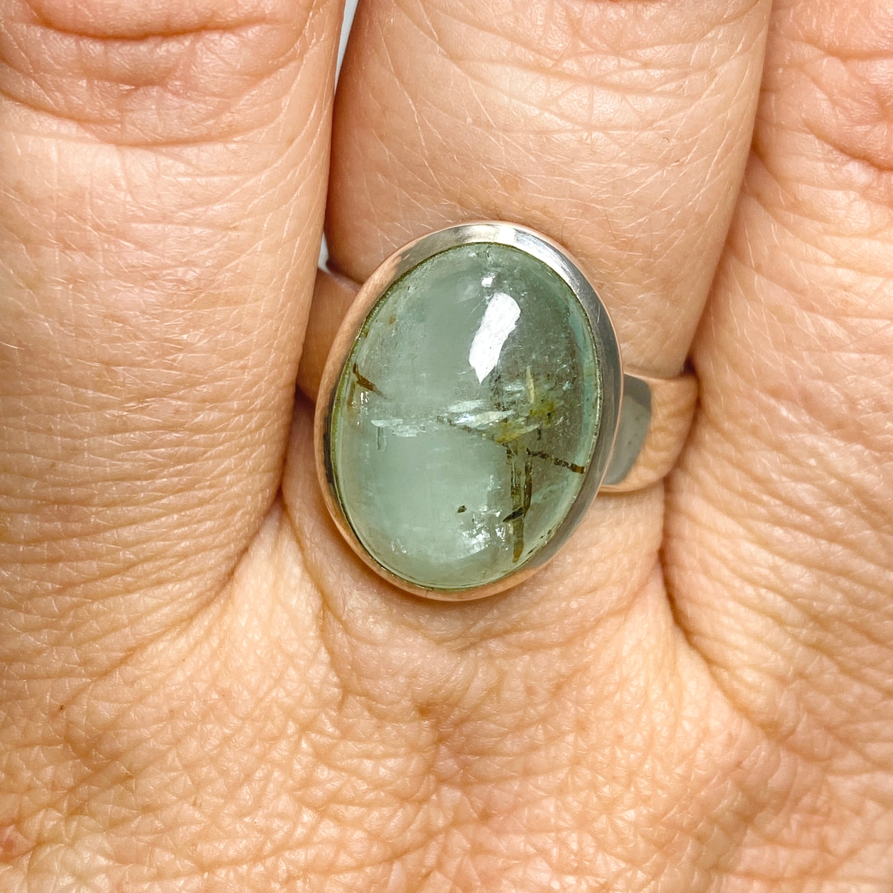Emerald and Rutile Oval Cabochon Ring - Size 8.5 - Handmade Sterling Silver Jewelry - Perfect for Wedding, Anniversary & Special Occasion Gifts