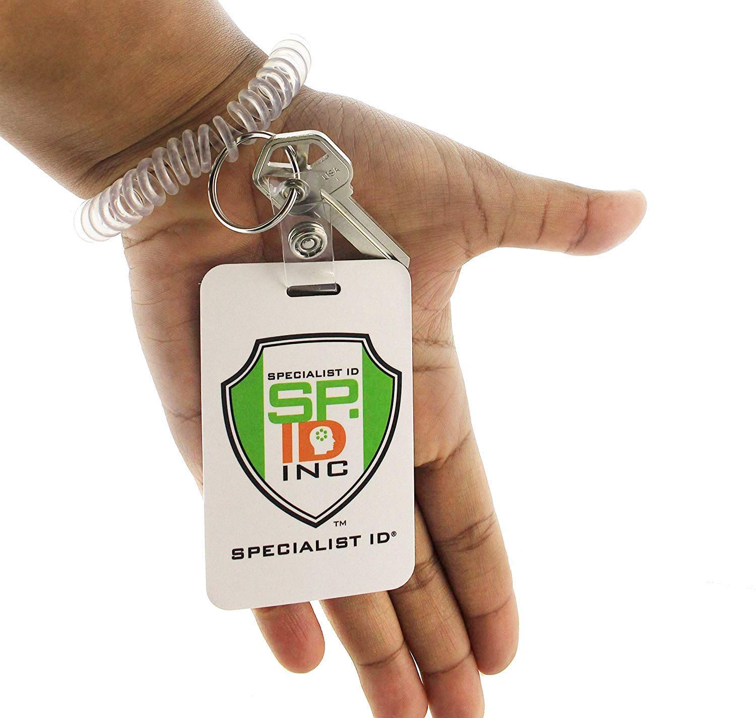 100 Pack Clear Retractable Wrist Coil Keychain & Badge Holder - Spiral ID Bracelet with Key Ring & Clip - One Size Fits All - Perfect for Office, Cruise Cards, Events & Security Badges (Specialist ID Brand)