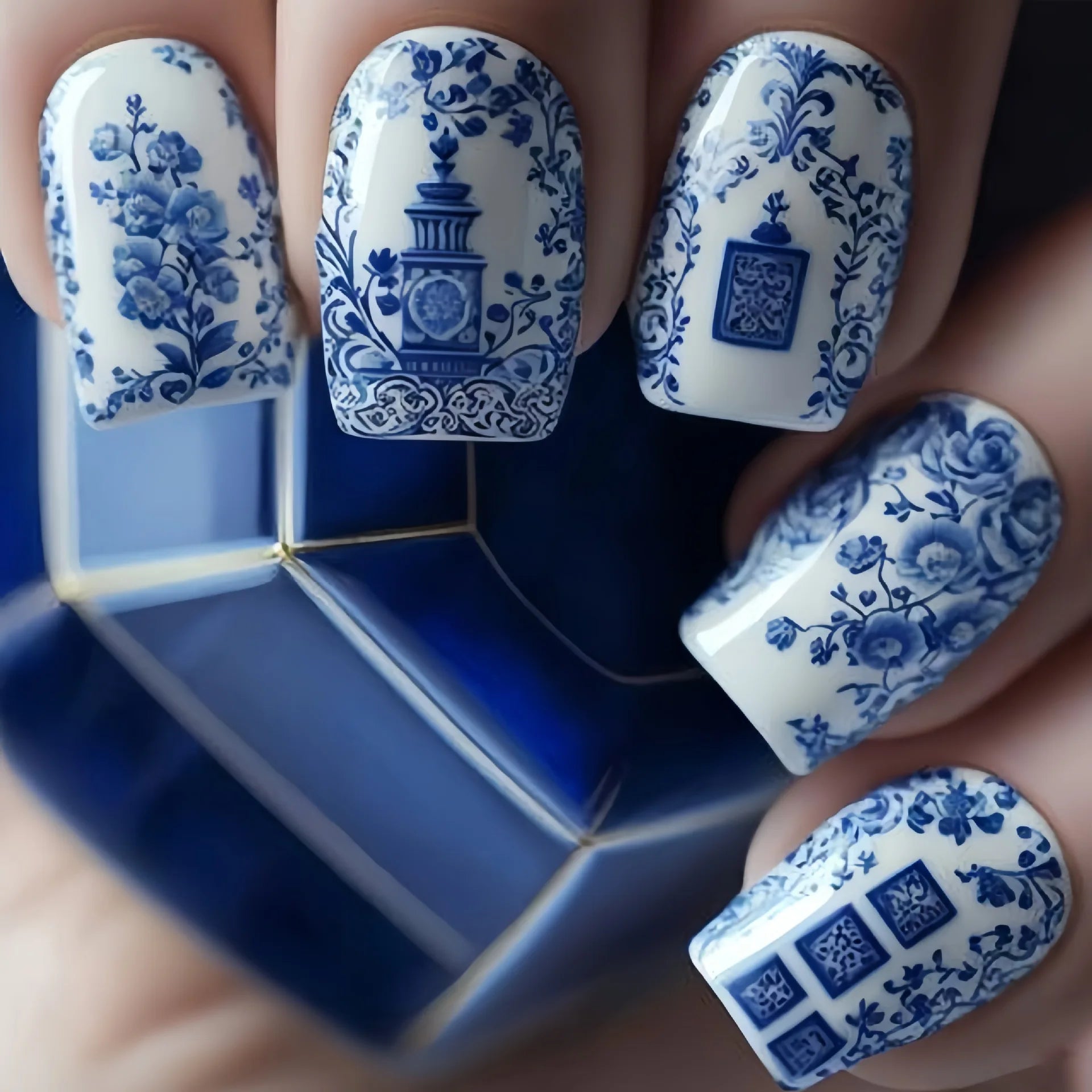 24-Piece Blue French Square Press-On Nails Set with Floral Design - Medium Length False Nails for Manicure, Salon Quality DIY Nail Art Kit - Perfect for Parties, Weddings, and Everyday Wear