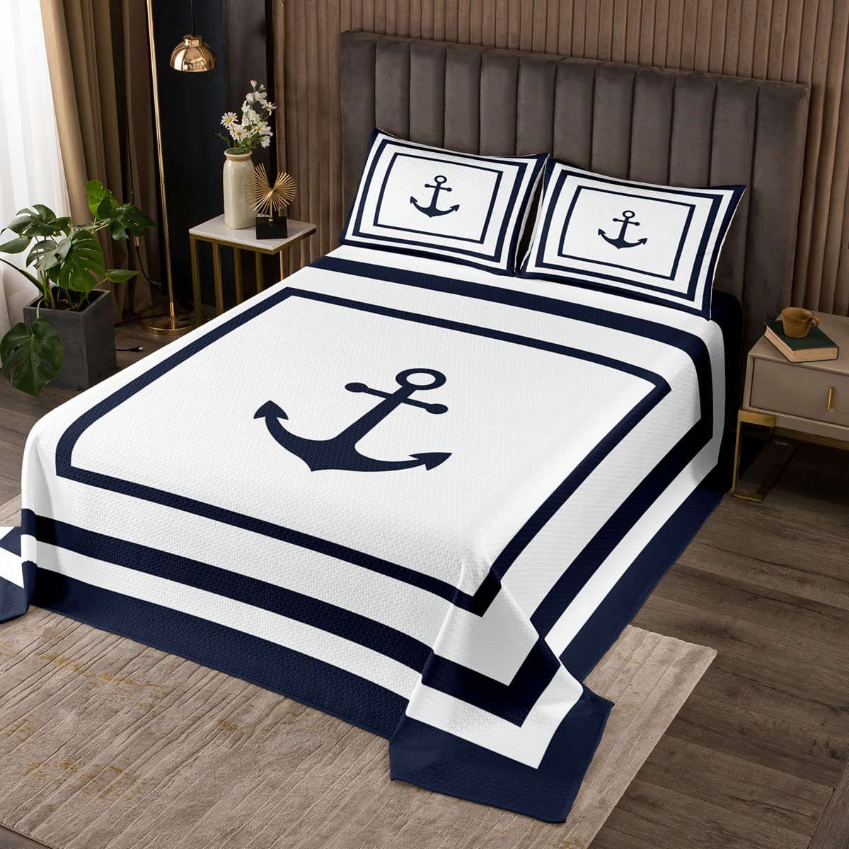 Castle Fairy Nautical Anchor Twin Bedspread Set - Geometric Abstract Line Design 2-Piece Bedding for Kids, Teens & Adults - White Microfiber Quilt with Pillowcase - Perfect for Coastal, Nautical or Adventure Themed Bedrooms