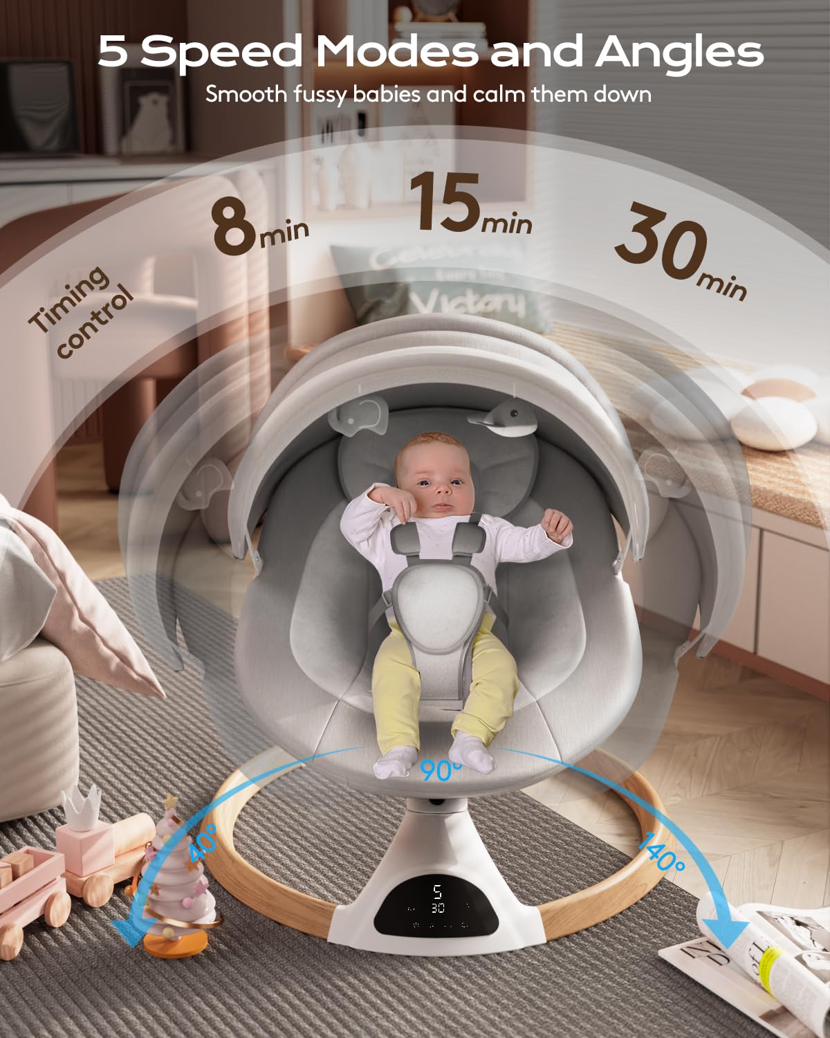 FasonBaby Bluetooth Baby Swing with 5 Speed Settings, 10 Soothing Lullabies & Remote Control - Portable Infant Swing for Newborns to Toddlers - Perfect for Nursery, Travel, and Outdoor Use
