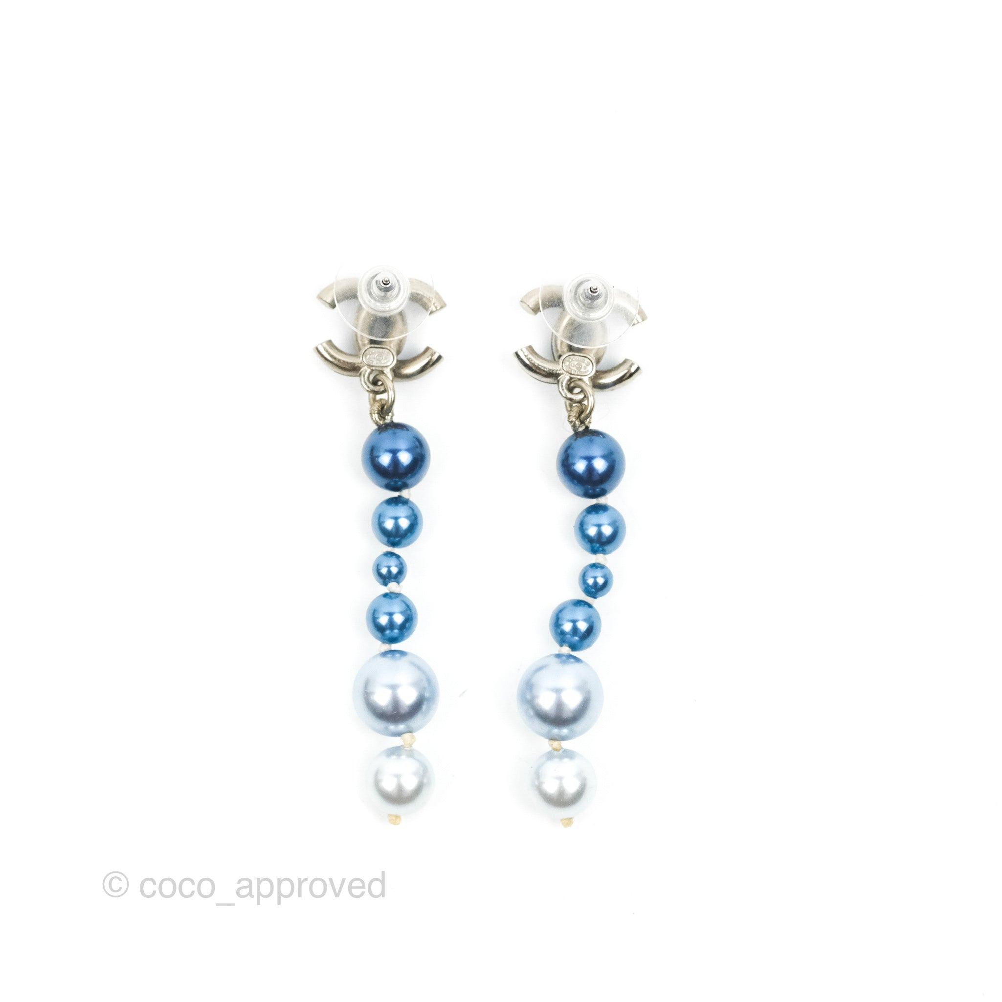 Chanel CC Blue Pearl Drop Earrings - Silver Tone 18S - Elegant Pearl Dangle Earrings for Women | Perfect for Weddings, Parties & Special Occasions