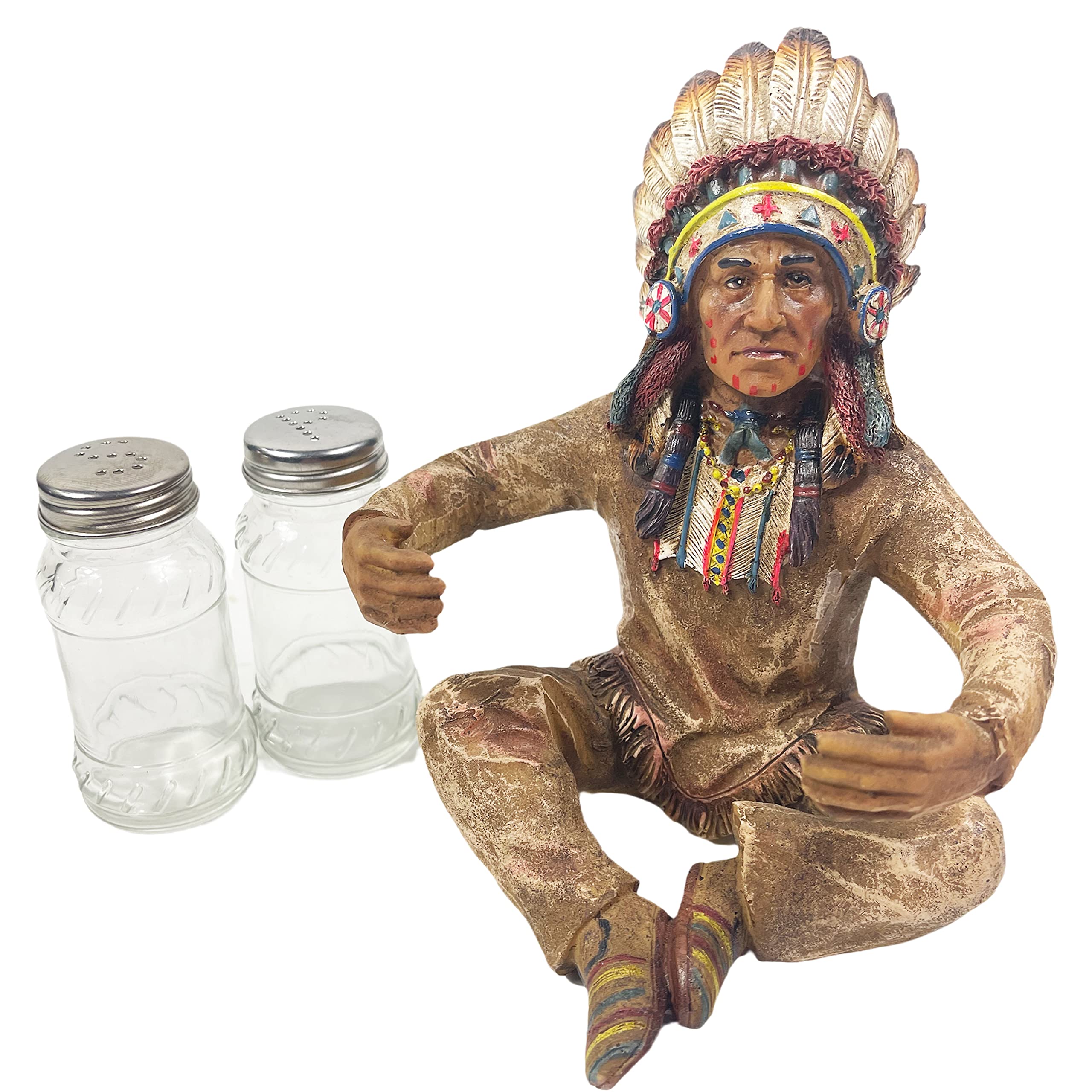 Western Indian Chief Salt and Pepper Shaker Set - Rustic Cowboy Kitchen Decor with Feathers & Star Buckle Design - Perfect for Farmhouse, Ranch, and Country Western Dinner Table Decorations