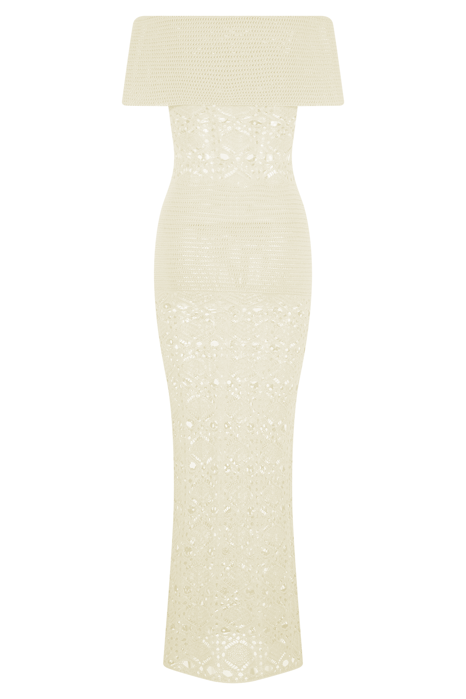 Solstice Off Shoulder Crochet Knit Maxi Dress - Ivory Summer Beach Dress for Women, Boho Chic Wedding Guest Outfit & Vacation Wear