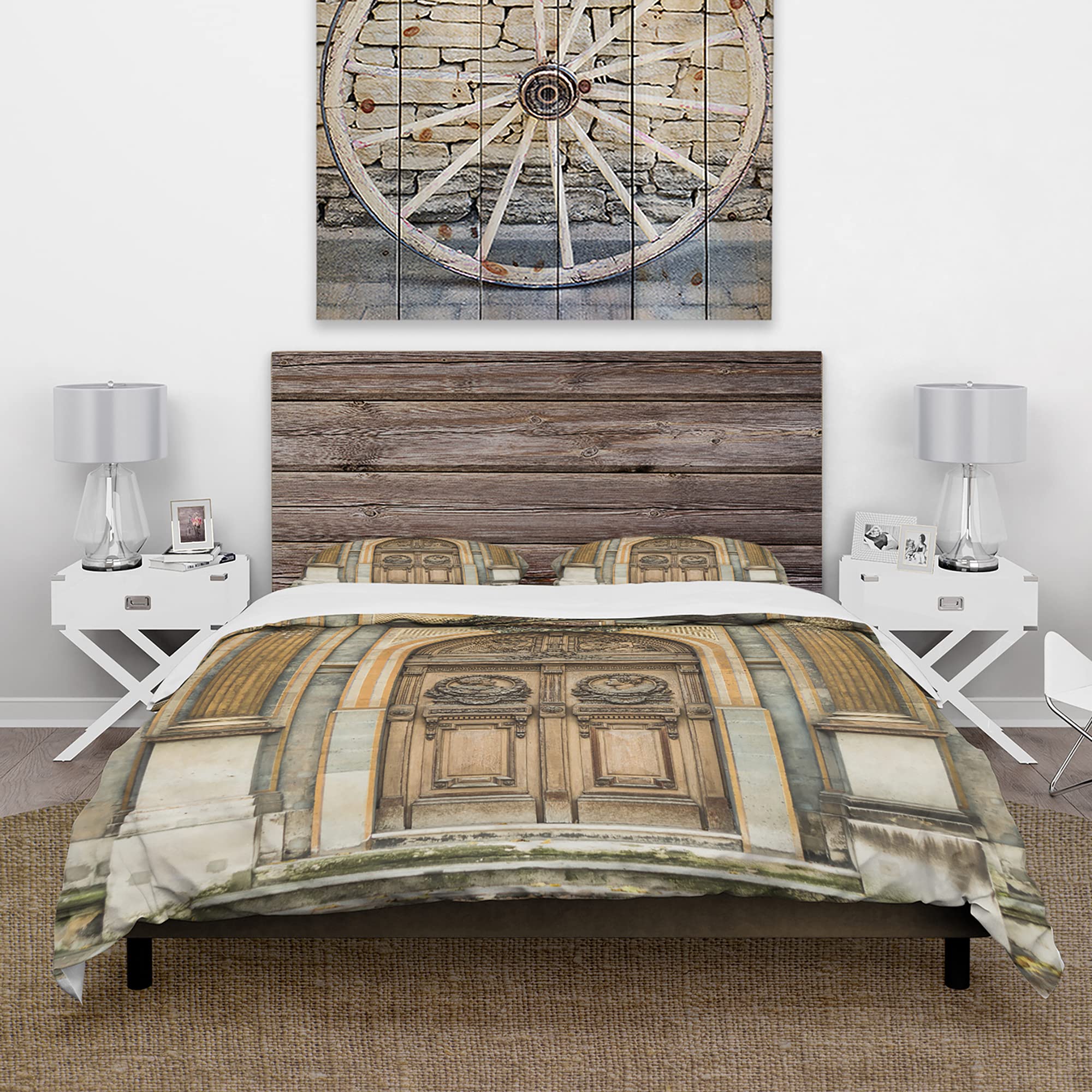 Vintage Carved Wooden Door Duvet Cover Set King - Parisian Traditional Bedding for All Seasons