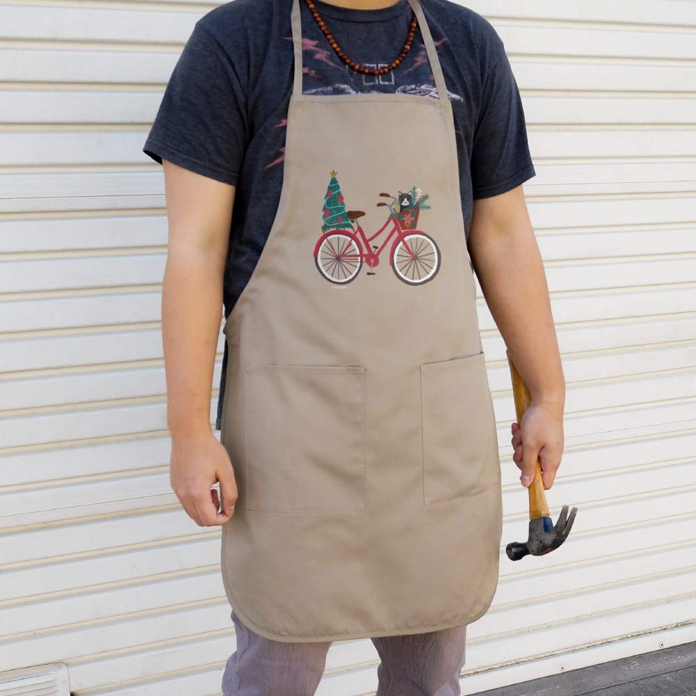 Christmas Bicycle & Cat in Basket Apron with Pockets - Graphic Kitchen Apron for Cooking, Baking & Holiday Hosting - Perfect Gift for Cat Lovers & Cyclists