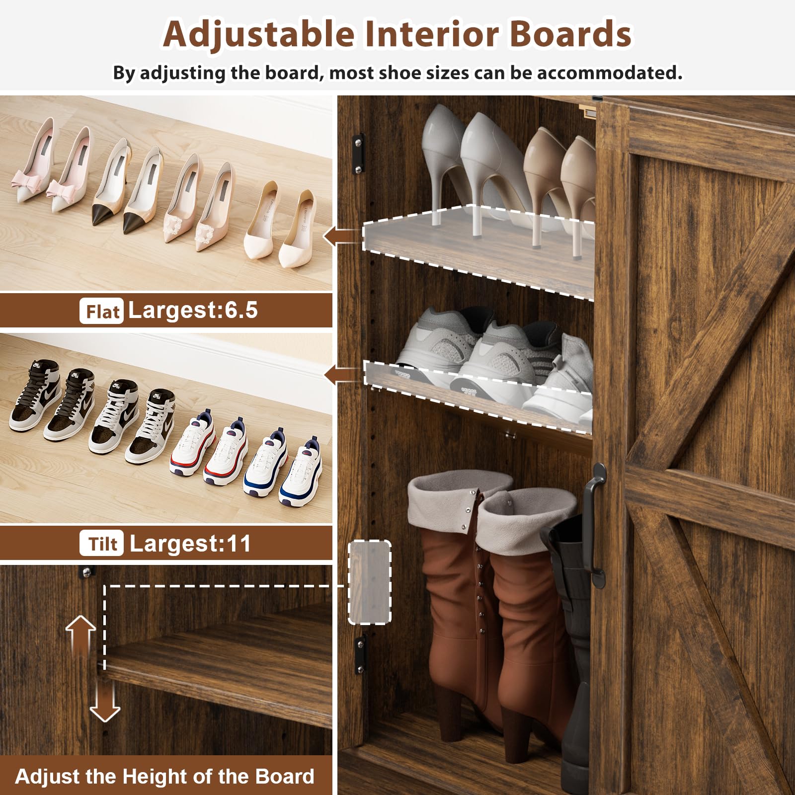 6-Tier Shoe Cabinet with Doors - Wooden Entryway Shoe Rack with Adjustable Shelves & Anti-Tip Design - Farmhouse Style Shoe Storage Organizer for Entryway, Living Room, Closet - Perfect for Small Spaces & Home Organization