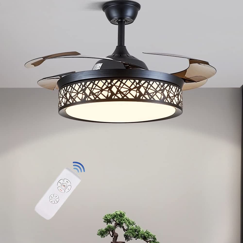 42 Inch Black Cage Ceiling Fan with Lights - Retractable Blades, 3-Color Changing Chandelier & Remote Control - 36W LED for Dining Room, Living Room, Bedroom - Modern Farmhouse & Industrial Style Home Lighting Decor