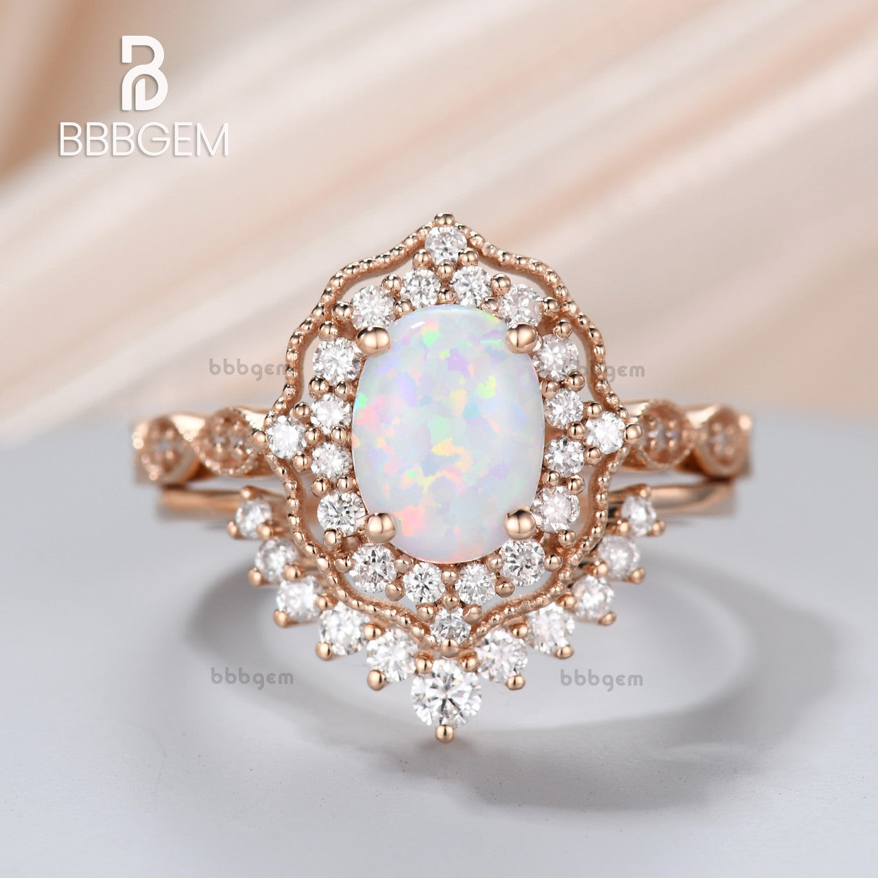 Vintage Opal Ring Set 14k Rose Gold Engagement Wedding Ring Stacking Half Eternity Diamond Matching Band for Women - Perfect for Bridal Jewelry, Anniversary Gifts & Special Occasions