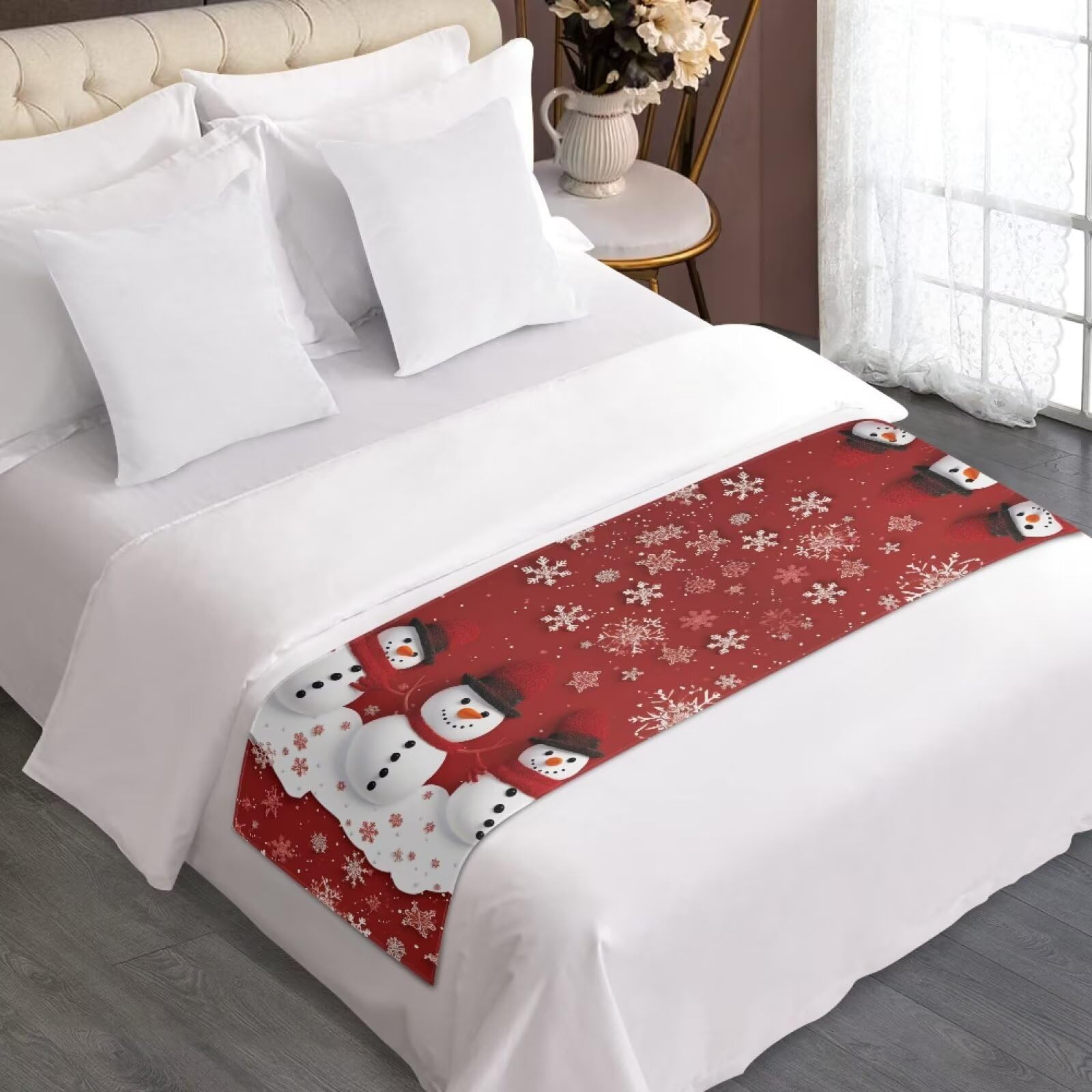 ZFRXIGN Christmas Snowman Bed Runner - Queen Size Bed Scarf with Snowflake Design, Holiday Bed Throw Blanket & Rug for Foot of Bed - Perfect for Home, Hotel & Winter Decor (Red) - Great for Christmas Bedroom Decorations & Cozy Winter Nights
