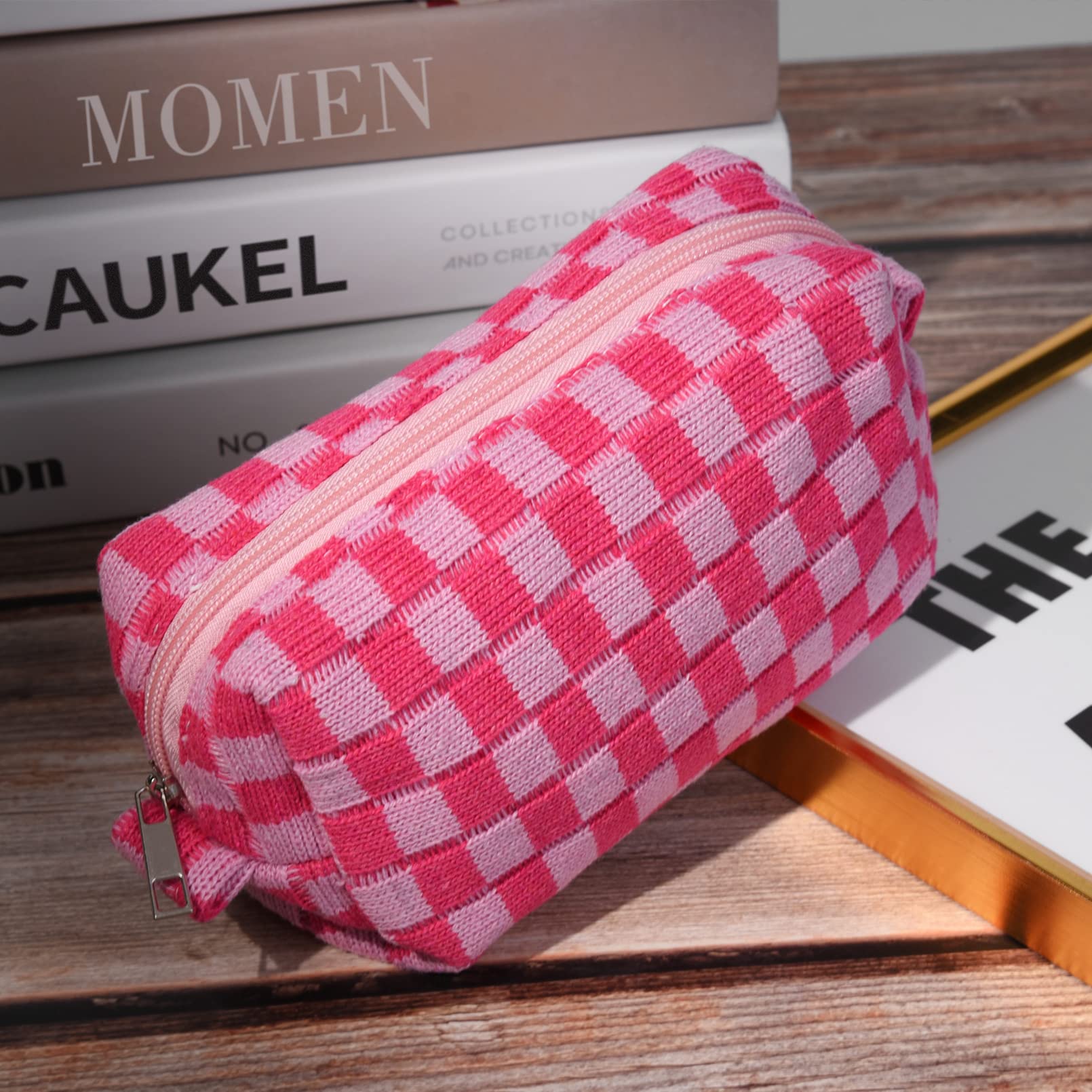 2 Pack Checkered Makeup Bags for Women - Pink & Green Cosmetic Organizer Pouch, Travel Toiletry Storage Bag for Brushes & Accessories | Perfect for Travel, Gym & Daily Beauty Routine